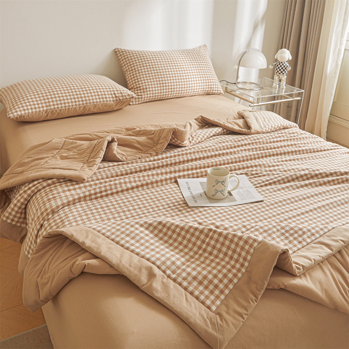 91家纺网 家纺一手货源 找家纺 鑫佰利 2026新款A类水洗棉新疆棉花夏被夏凉被空调被 咖小格