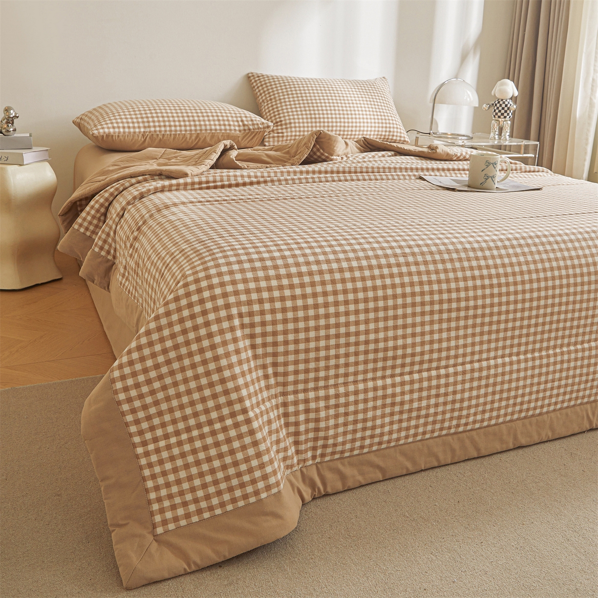 91家纺网 家纺一手货源 找家纺 鑫佰利 2026新款A类水洗棉新疆棉花夏被夏凉被空调被 咖小格