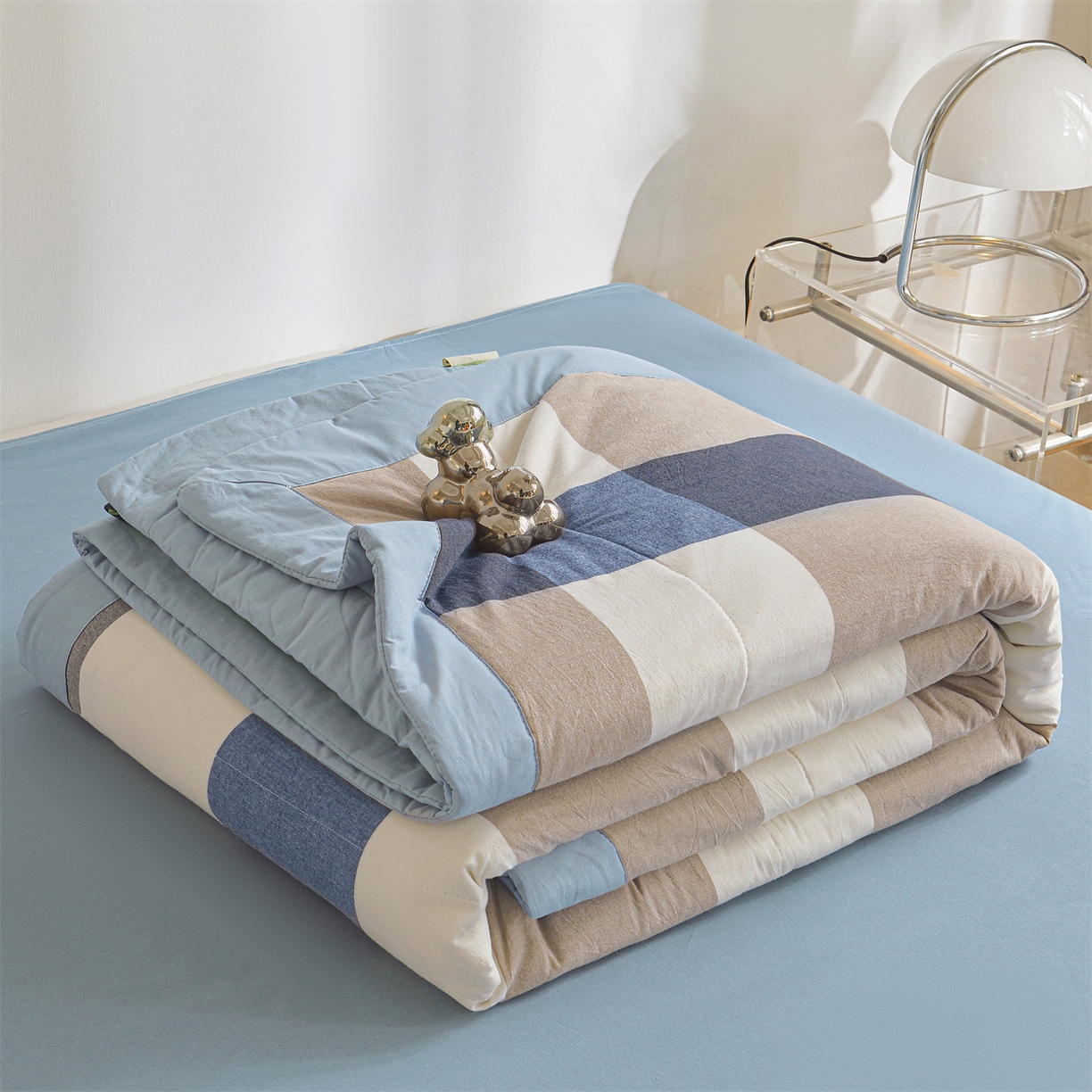 鑫佰利 2026新款A类水洗棉新疆棉花夏被夏凉被空调被 蓝灰大格