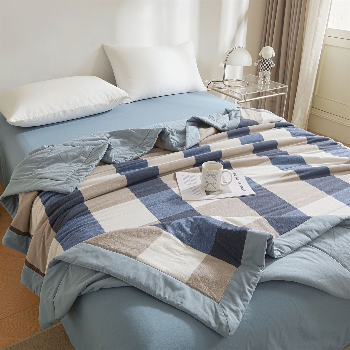 91家纺网 家纺一手货源 找家纺 鑫佰利 2026新款A类水洗棉新疆棉花夏被夏凉被空调被 蓝灰大格