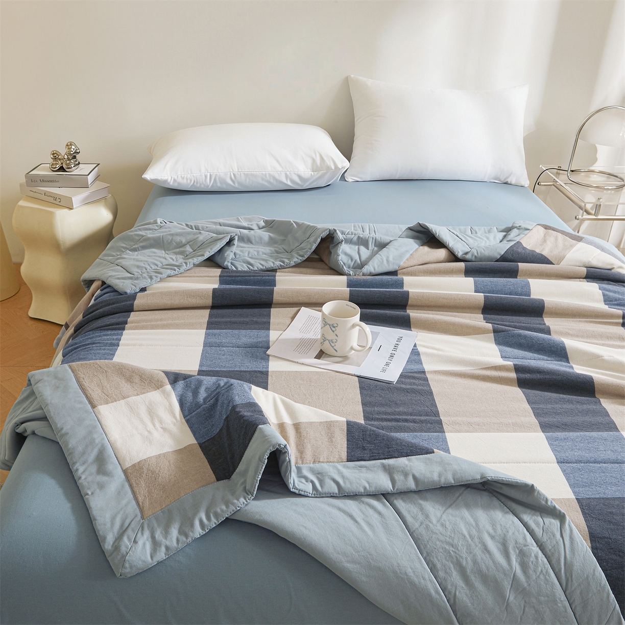 91家纺网 家纺一手货源 找家纺 鑫佰利 2026新款A类水洗棉新疆棉花夏被夏凉被空调被 蓝灰大格