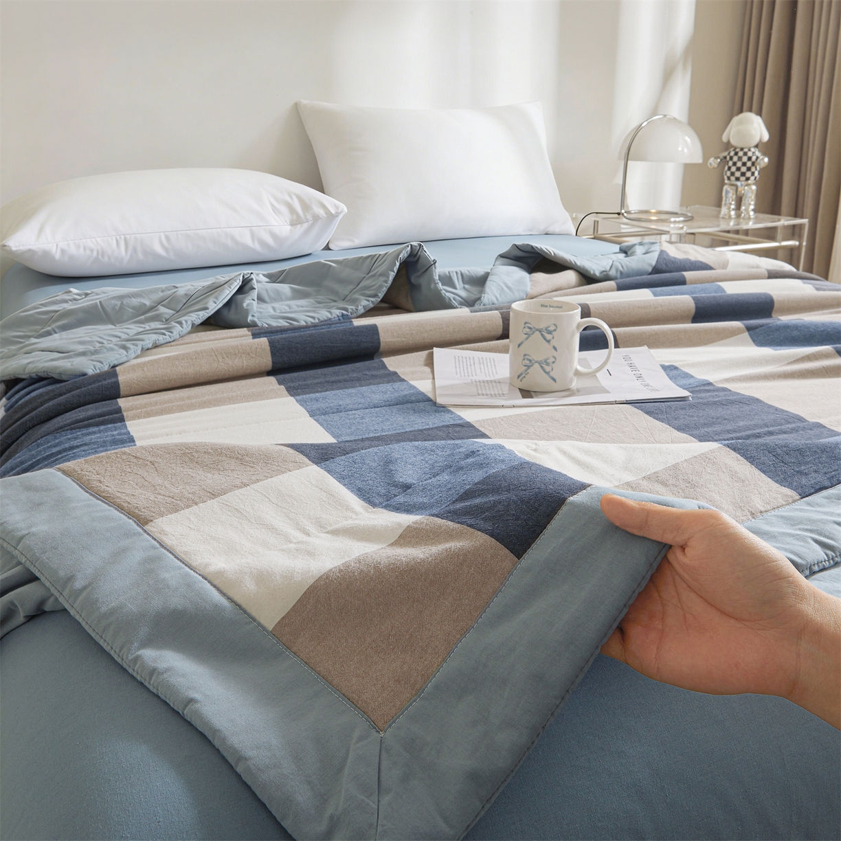 91家纺网 家纺一手货源 找家纺 鑫佰利 2026新款A类水洗棉新疆棉花夏被夏凉被空调被 蓝灰大格