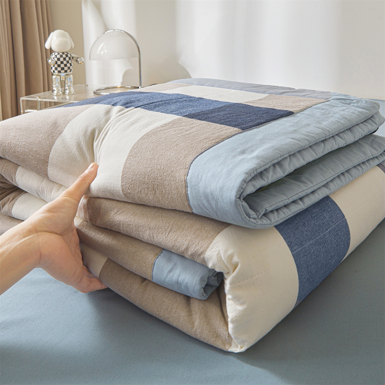 91家纺网 家纺一手货源 找家纺 鑫佰利 2026新款A类水洗棉新疆棉花夏被夏凉被空调被 蓝灰大格