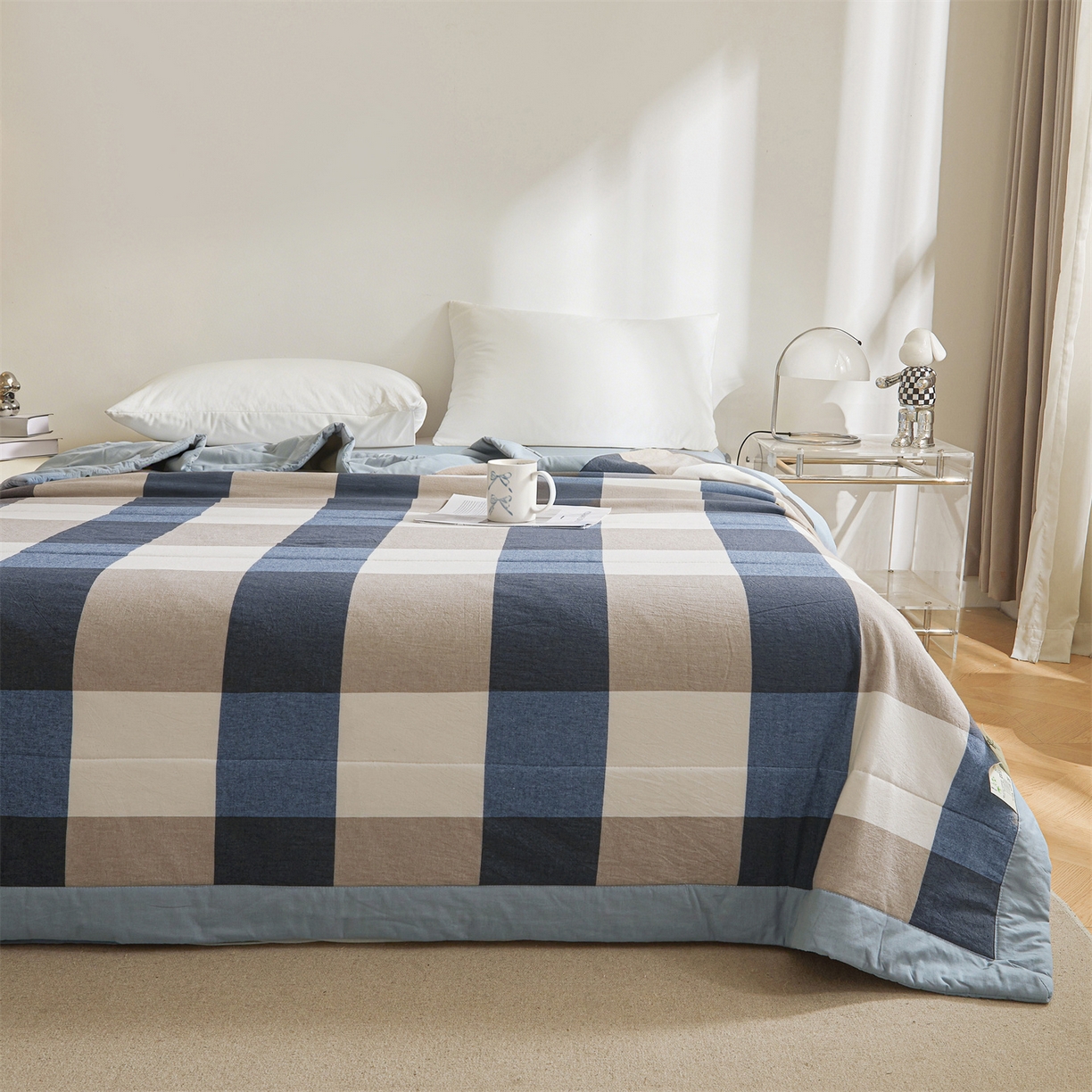 91家纺网 家纺一手货源 找家纺 鑫佰利 2026新款A类水洗棉新疆棉花夏被夏凉被空调被 蓝灰大格