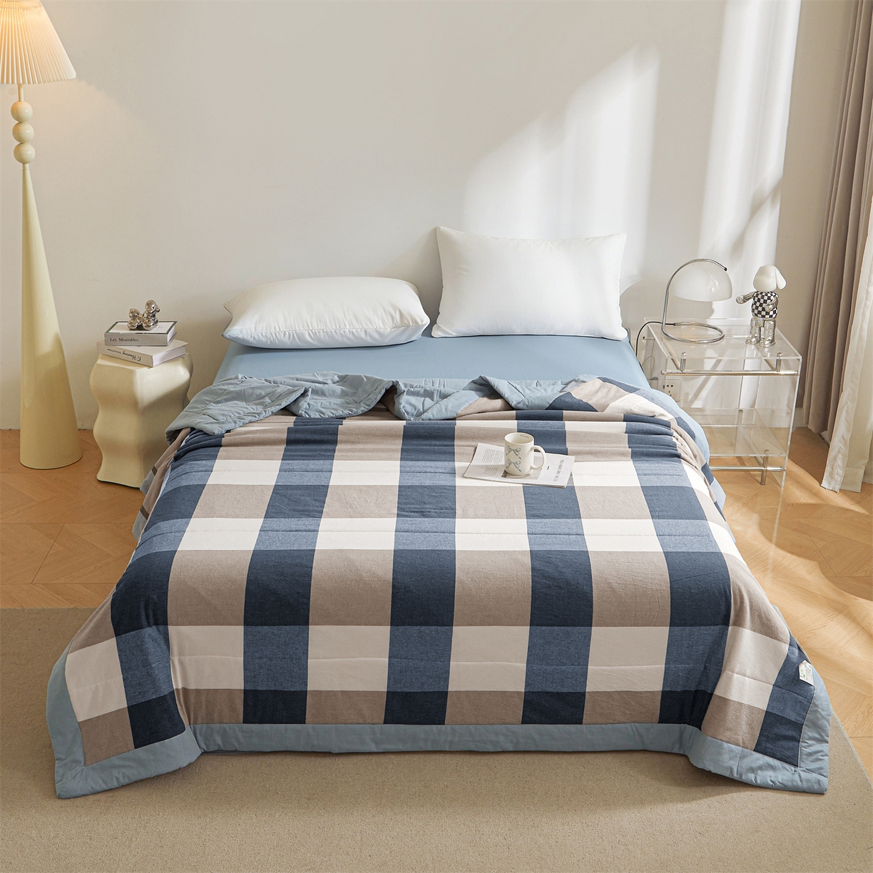 91家纺网 家纺一手货源 找家纺 鑫佰利 2026新款A类水洗棉新疆棉花夏被夏凉被空调被 蓝灰大格