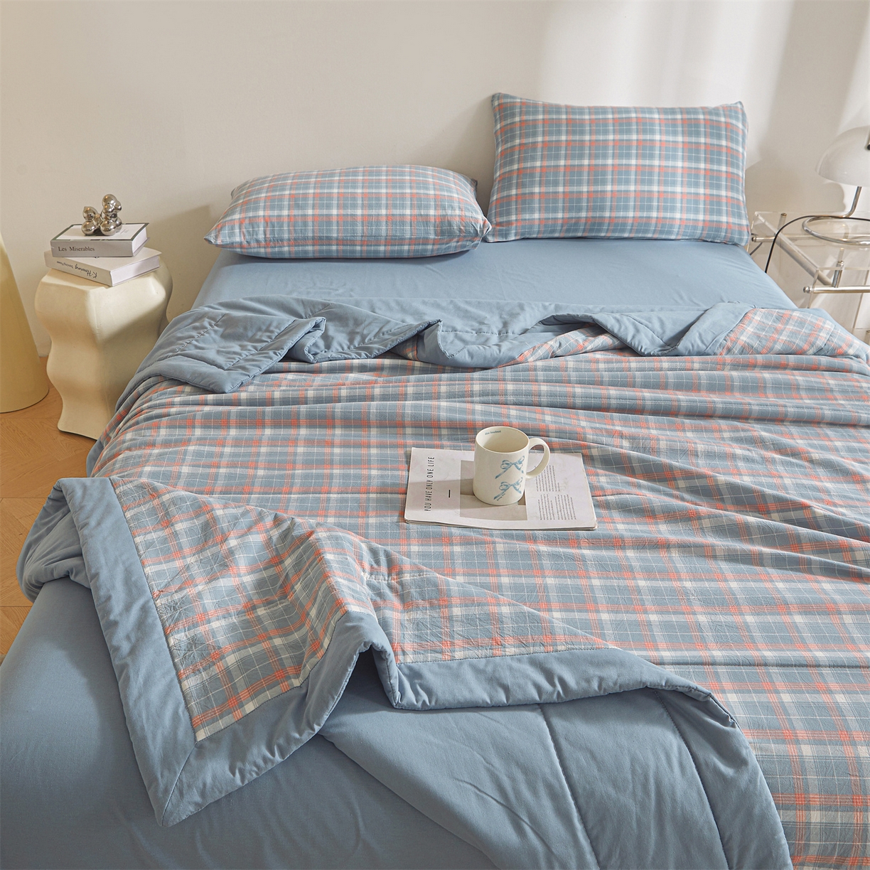 91家纺网 家纺一手货源 找家纺 鑫佰利 2026新款A类水洗棉新疆棉花夏被夏凉被空调被 清新格蓝