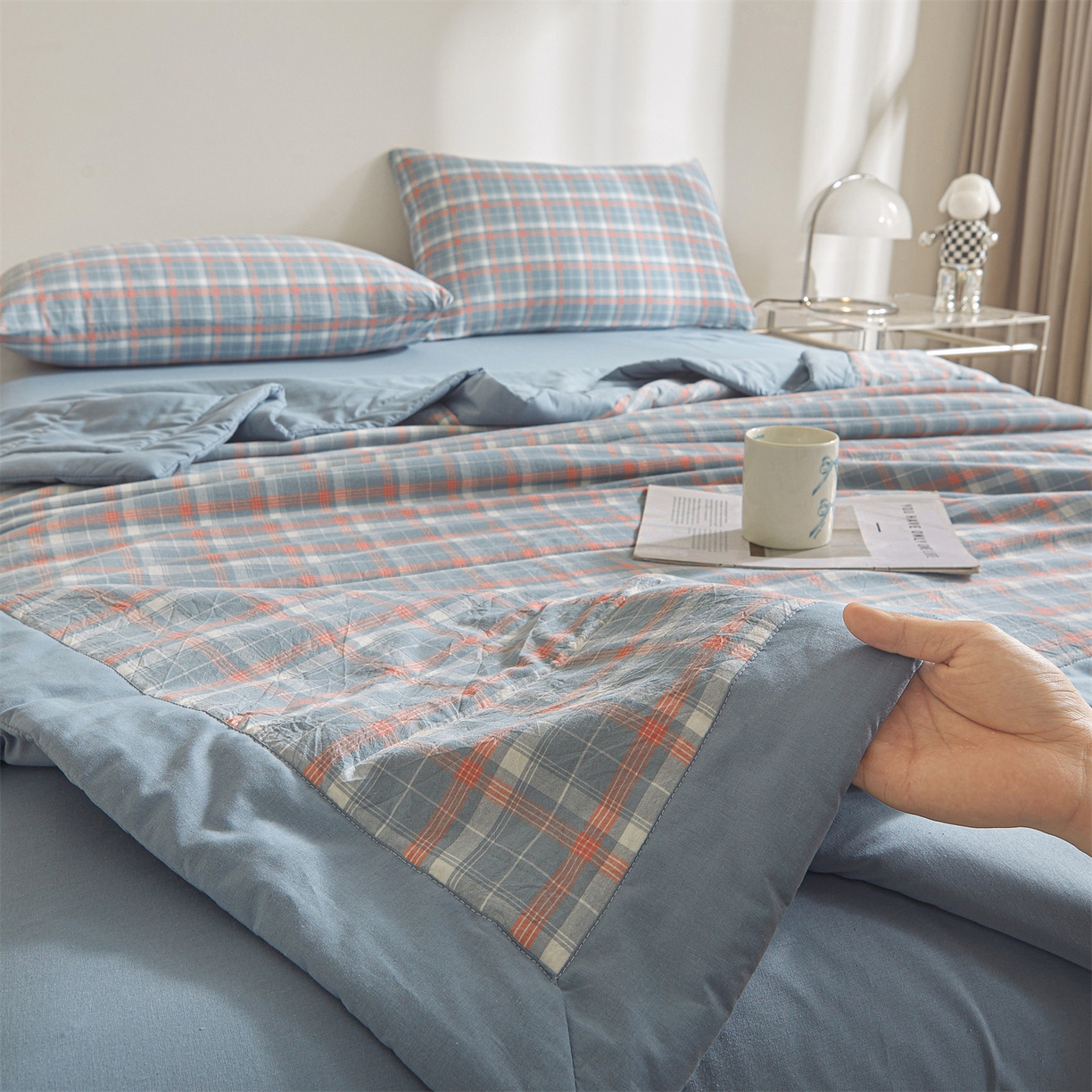 91家纺网 家纺一手货源 找家纺 鑫佰利 2026新款A类水洗棉新疆棉花夏被夏凉被空调被 清新格蓝