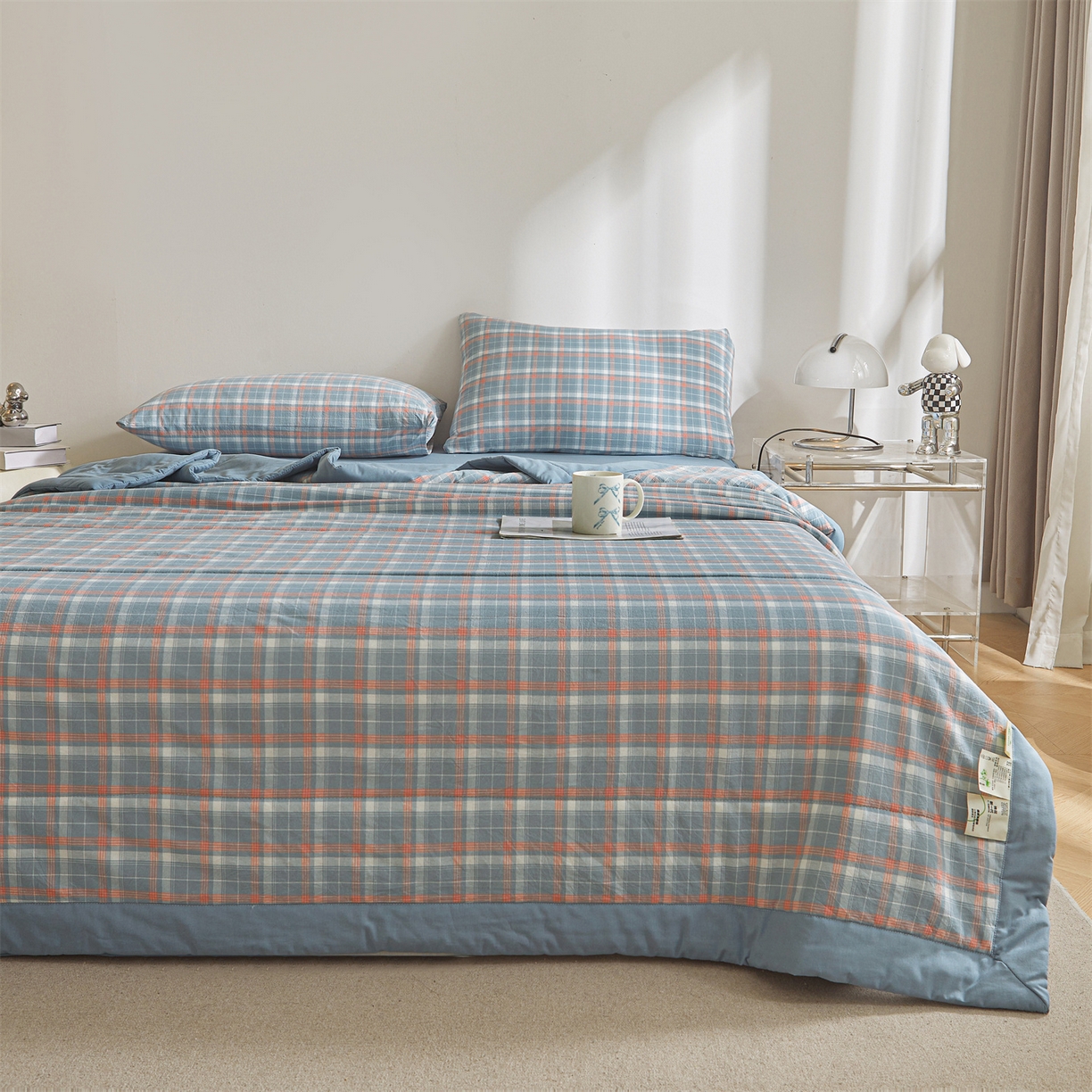 91家纺网 家纺一手货源 找家纺 鑫佰利 2026新款A类水洗棉新疆棉花夏被夏凉被空调被 清新格蓝