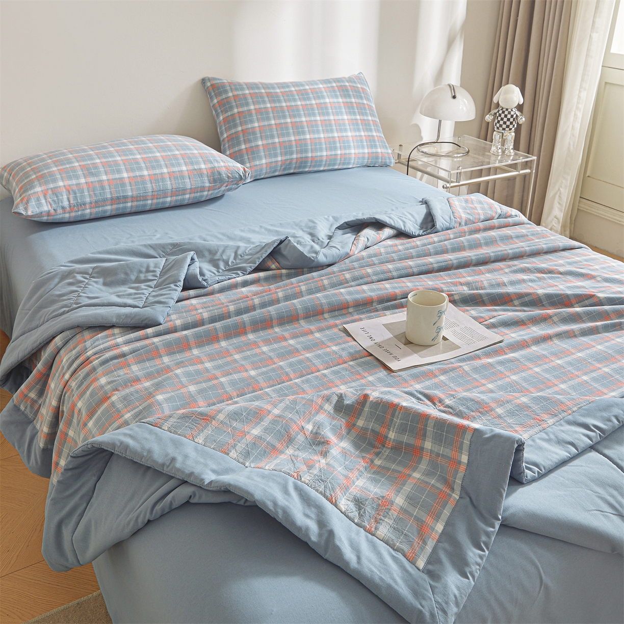 91家纺网 家纺一手货源 找家纺 鑫佰利 2026新款A类水洗棉新疆棉花夏被夏凉被空调被 清新格蓝