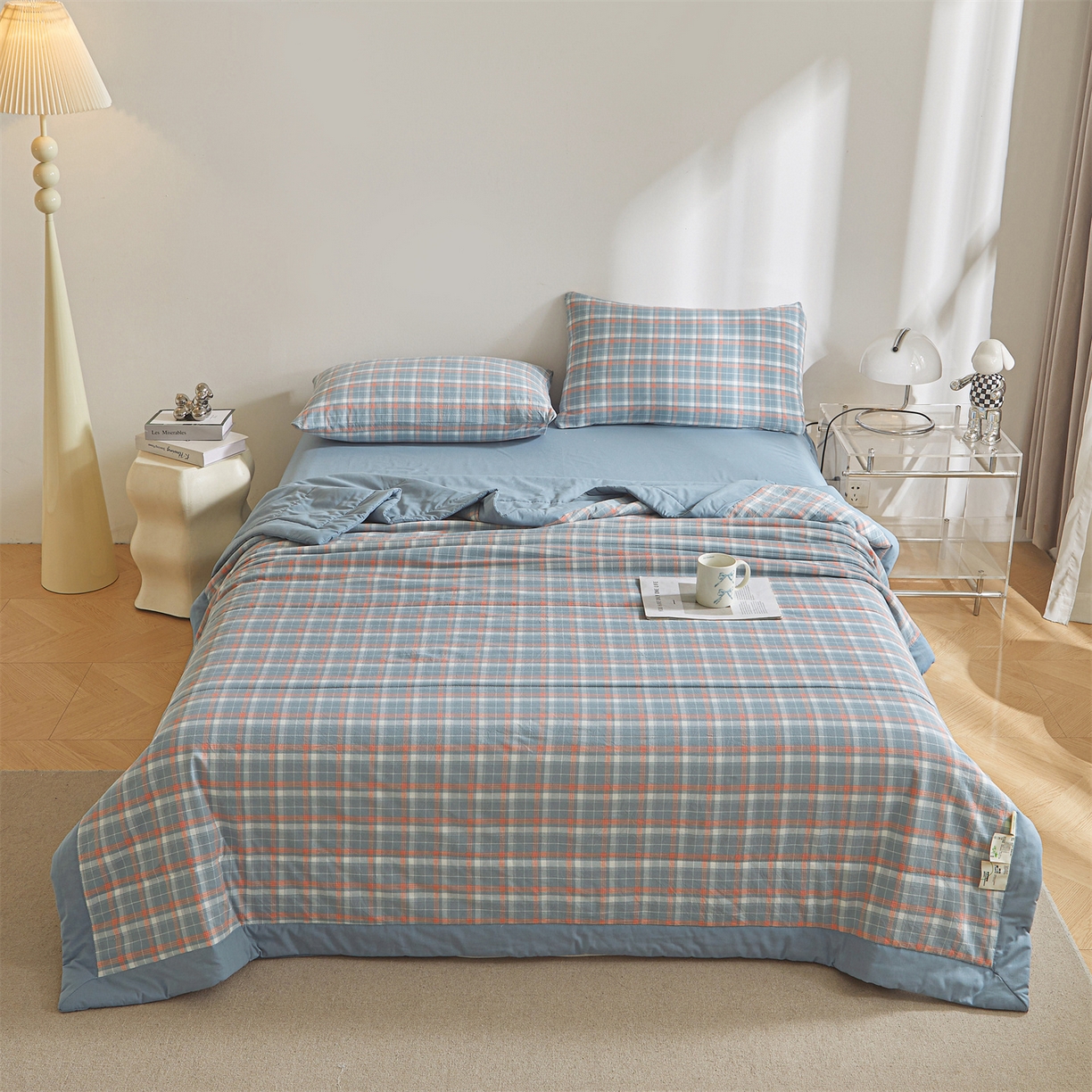 91家纺网 家纺一手货源 找家纺 鑫佰利 2026新款A类水洗棉新疆棉花夏被夏凉被空调被 清新格蓝