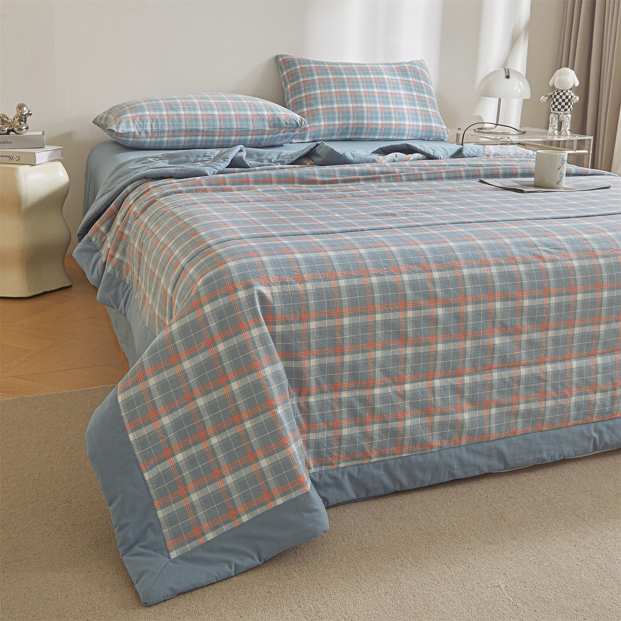 91家纺网 家纺一手货源 找家纺 鑫佰利 2026新款A类水洗棉新疆棉花夏被夏凉被空调被 清新格蓝