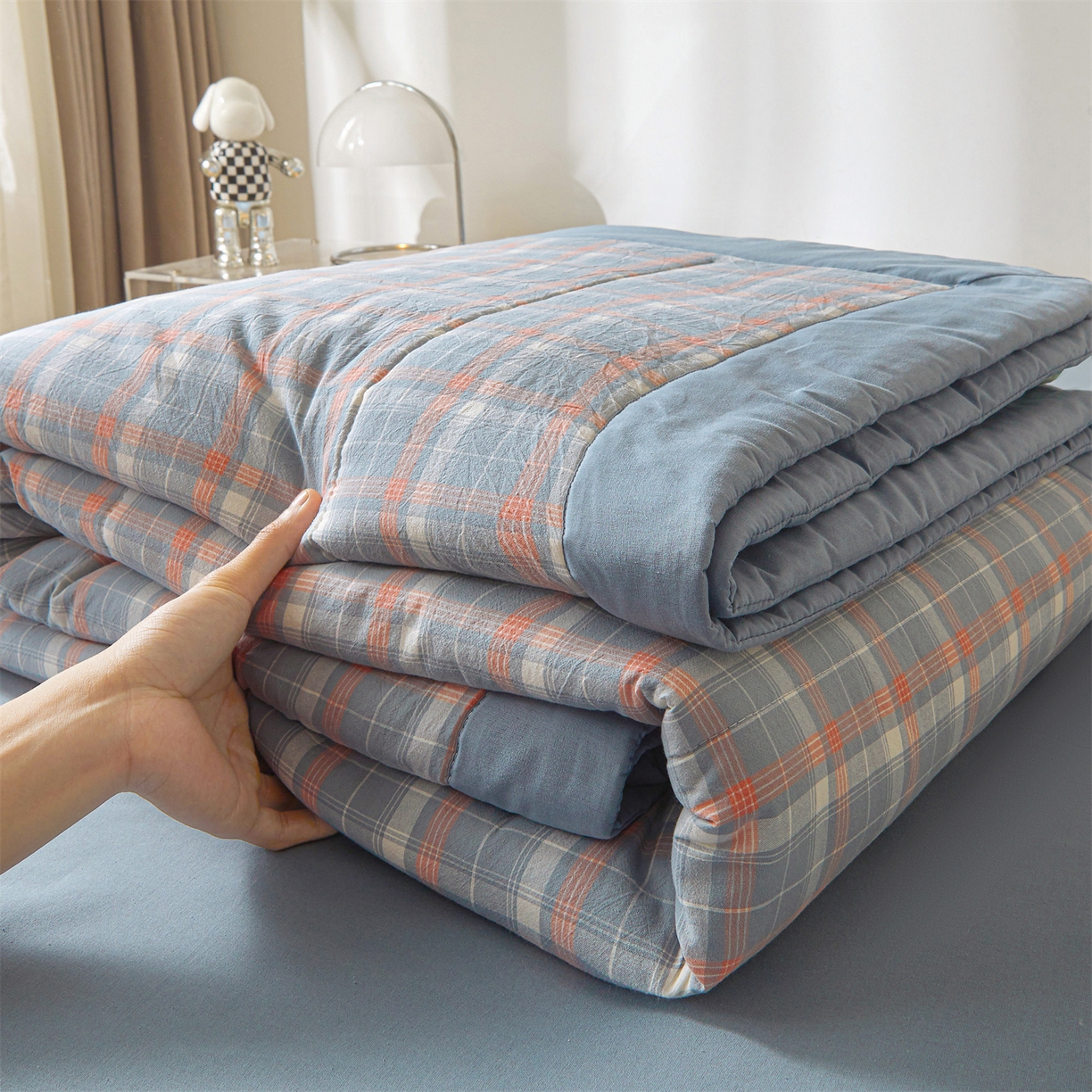 91家纺网 家纺一手货源 找家纺 鑫佰利 2026新款A类水洗棉新疆棉花夏被夏凉被空调被 清新格蓝