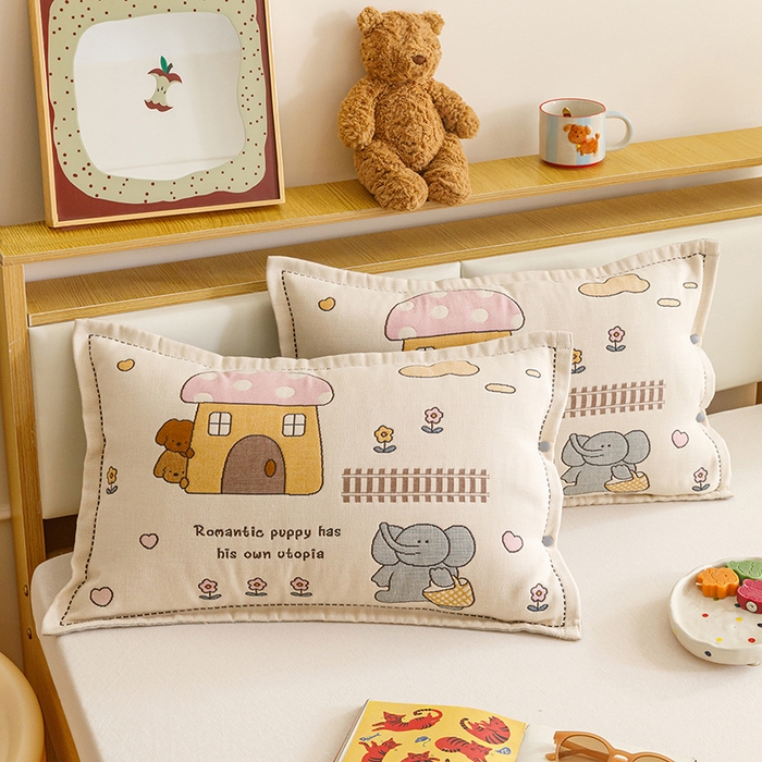 悦然毛巾被 2026新款全棉纯棉纱布儿童四层纱单枕套枕套单件 象伴伙伴