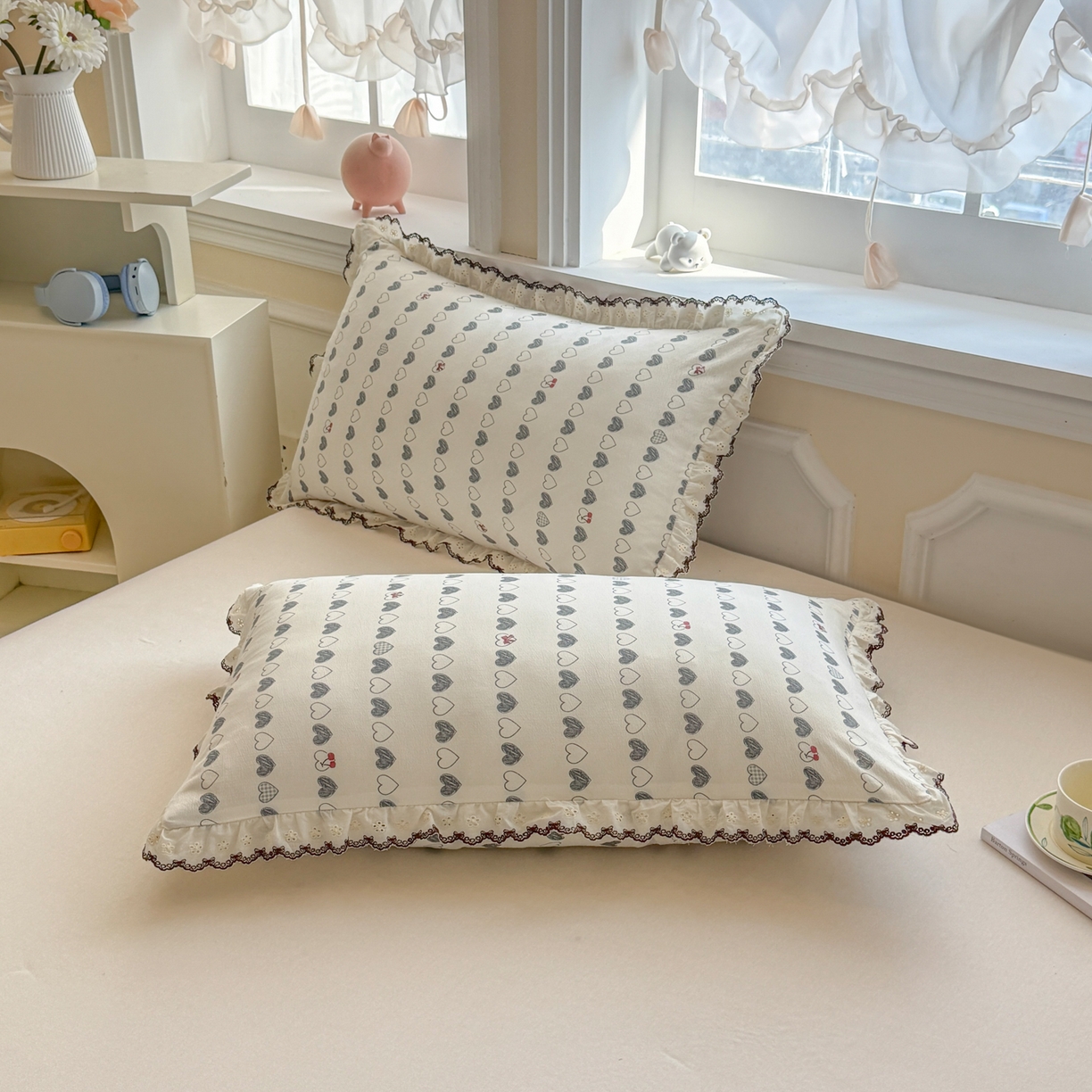 91家纺网 家纺一手货源 找家纺 名兮家居 2026春夏新款韩版花边款皱皱纱夏被夏凉被空调被 爱心格