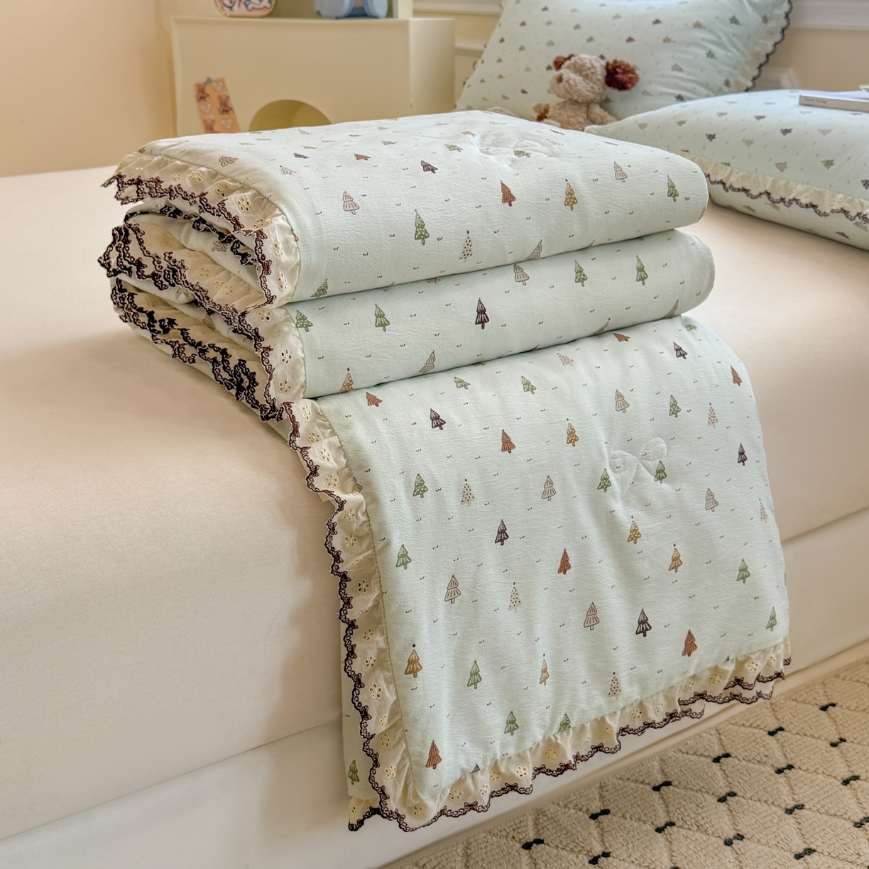 名兮家居 2026春夏新款韩版花边款皱皱纱夏被夏凉被空调被 薄荷森林