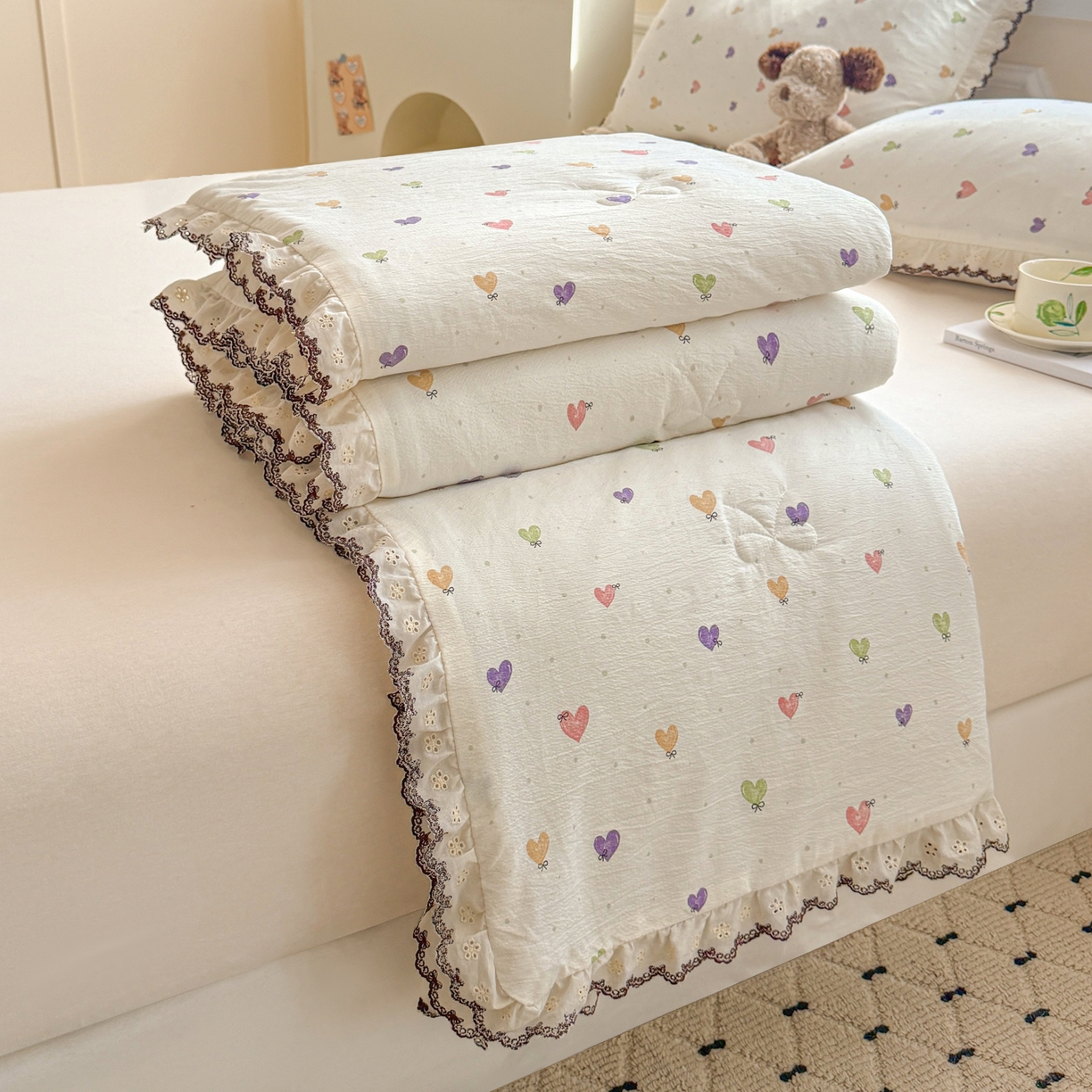 名兮家居 2026春夏新款韩版花边款皱皱纱夏被夏凉被空调被 马卡龙爱心