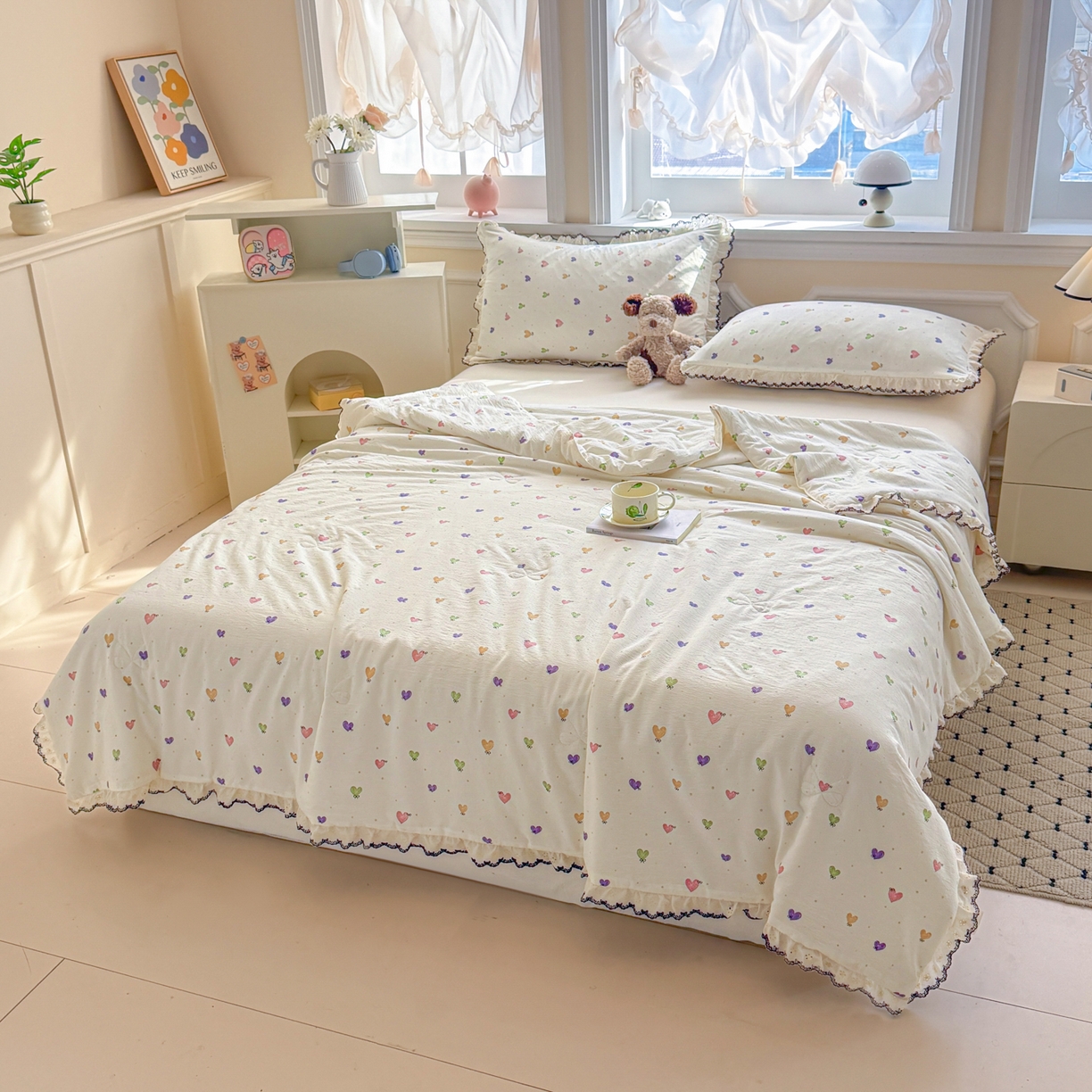 91家纺网 家纺一手货源 找家纺 名兮家居 2026春夏新款韩版花边款皱皱纱夏被夏凉被空调被 马卡龙爱心