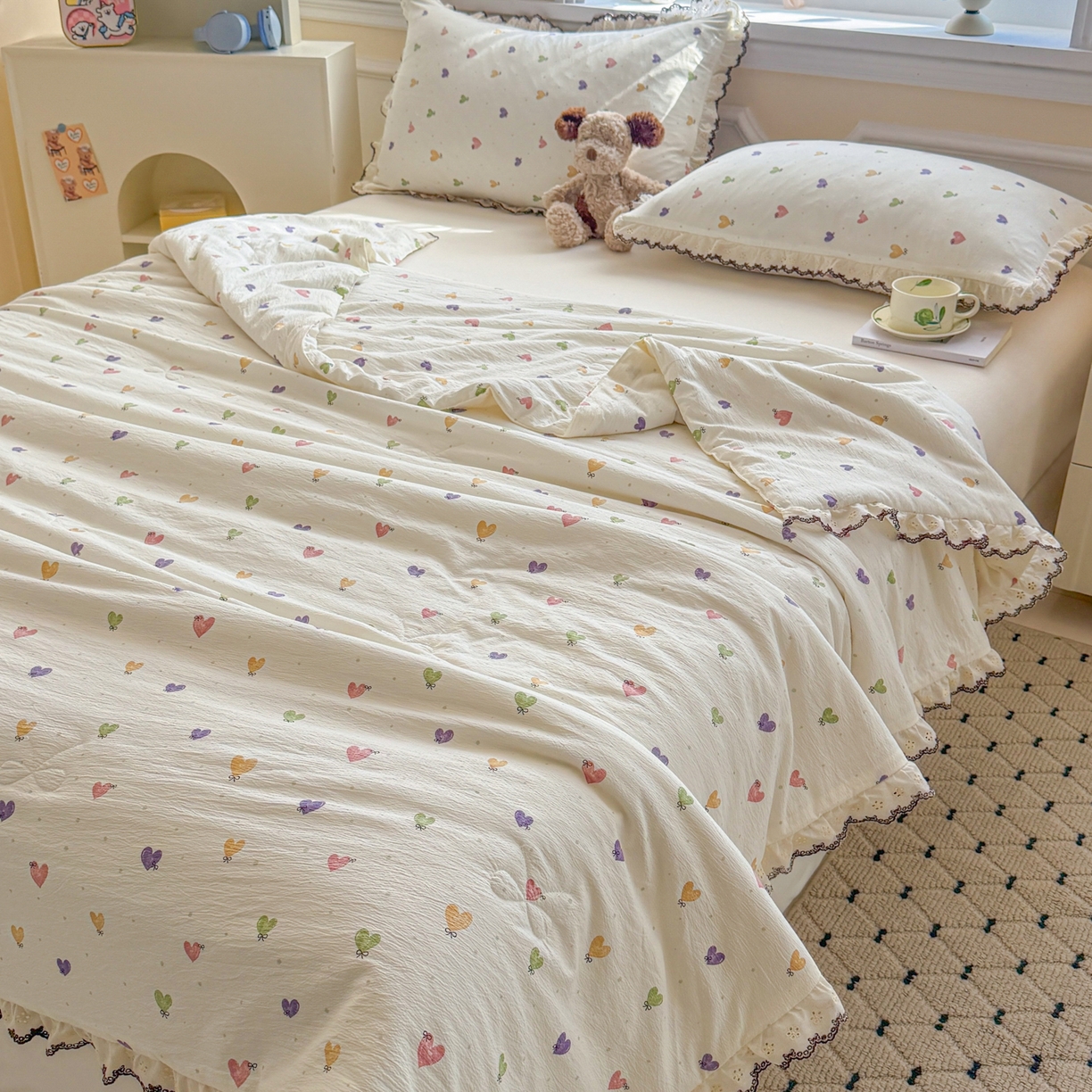 91家纺网 家纺一手货源 找家纺 名兮家居 2026春夏新款韩版花边款皱皱纱夏被夏凉被空调被 马卡龙爱心