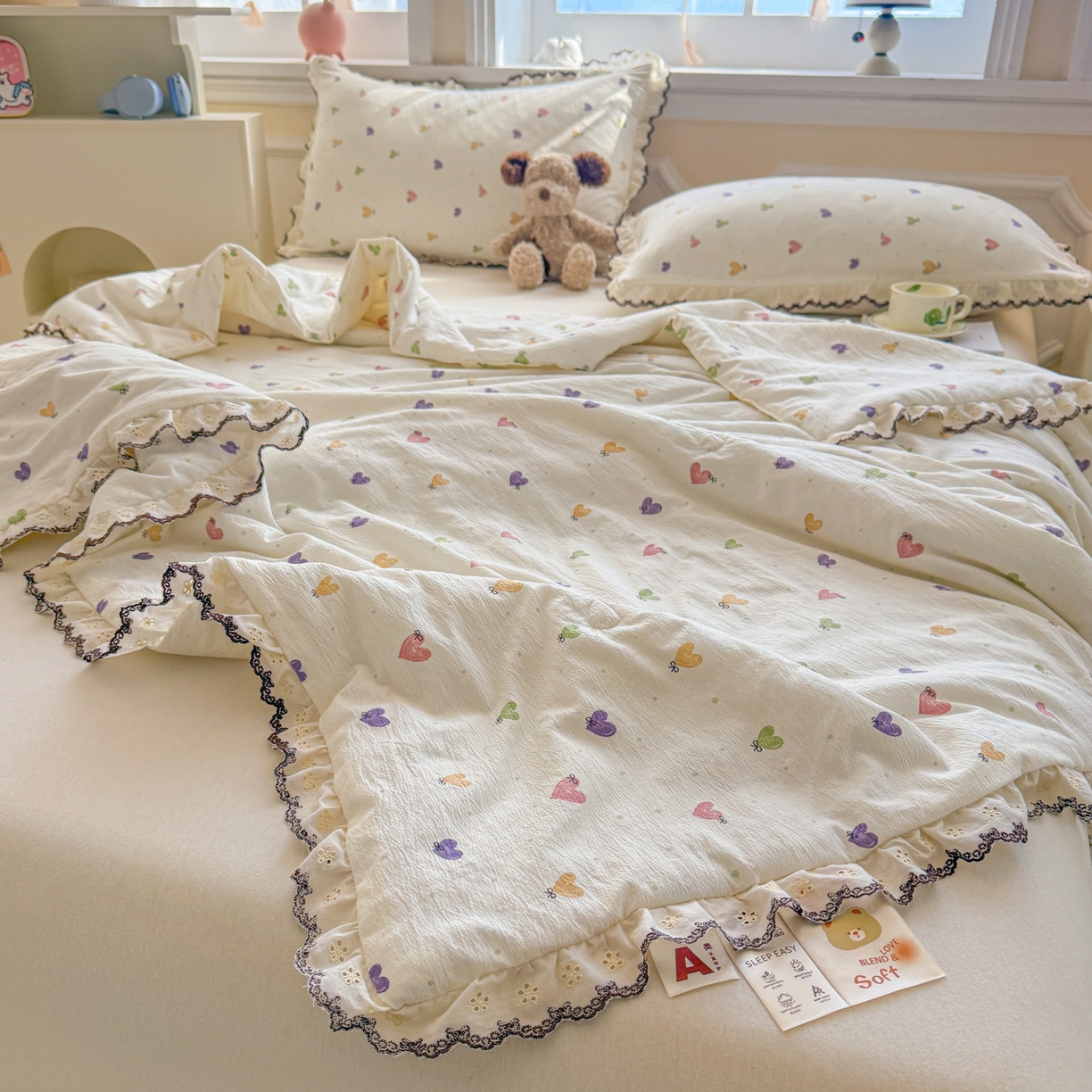 91家纺网 家纺一手货源 找家纺 名兮家居 2026春夏新款韩版花边款皱皱纱夏被夏凉被空调被 马卡龙爱心