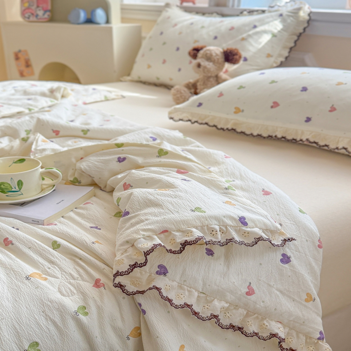 91家纺网 家纺一手货源 找家纺 名兮家居 2026春夏新款韩版花边款皱皱纱夏被夏凉被空调被 马卡龙爱心