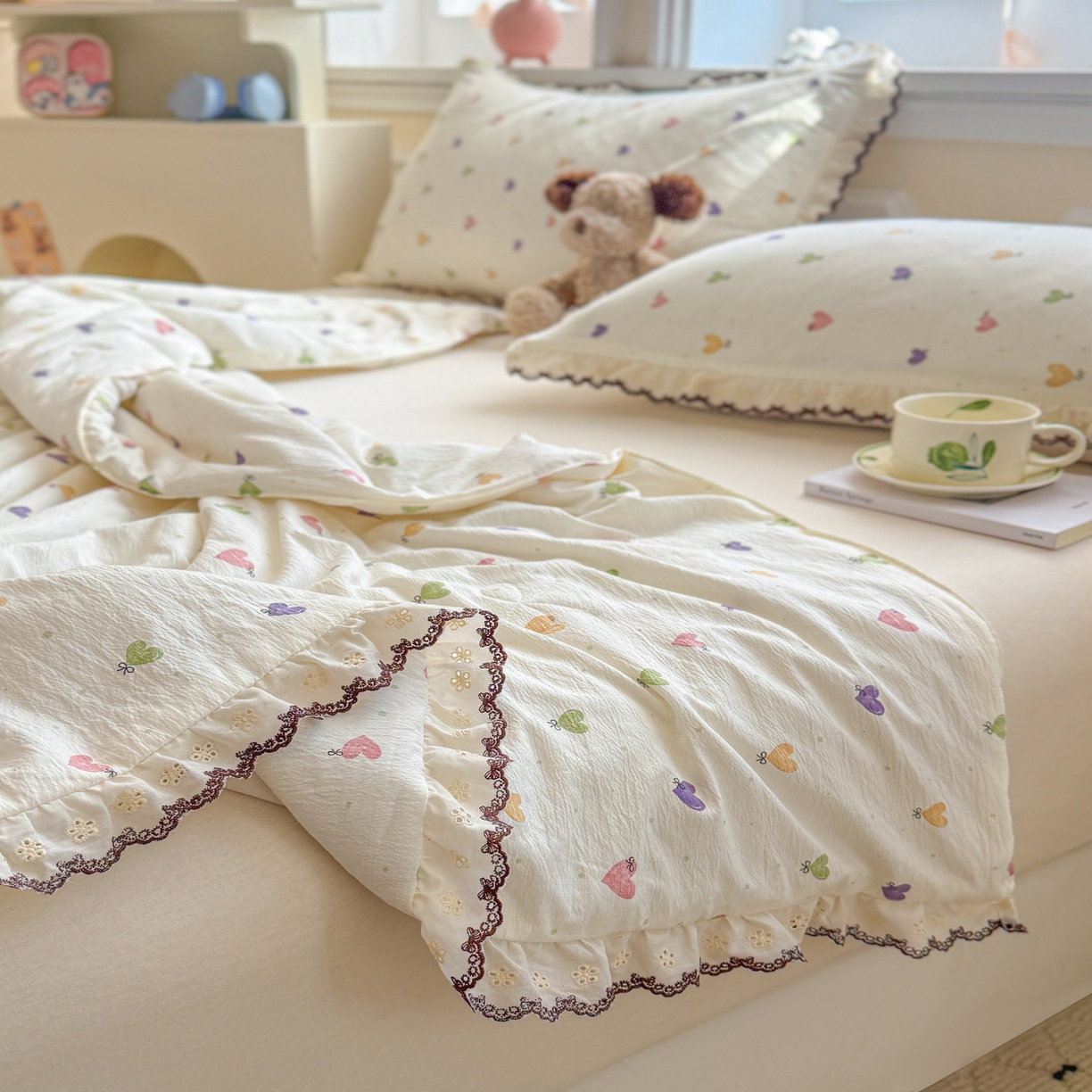91家纺网 家纺一手货源 找家纺 名兮家居 2026春夏新款韩版花边款皱皱纱夏被夏凉被空调被 马卡龙爱心