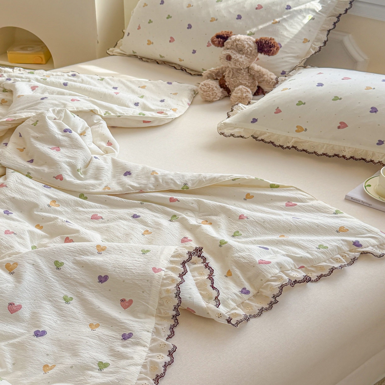 91家纺网 家纺一手货源 找家纺 名兮家居 2026春夏新款韩版花边款皱皱纱夏被夏凉被空调被 马卡龙爱心