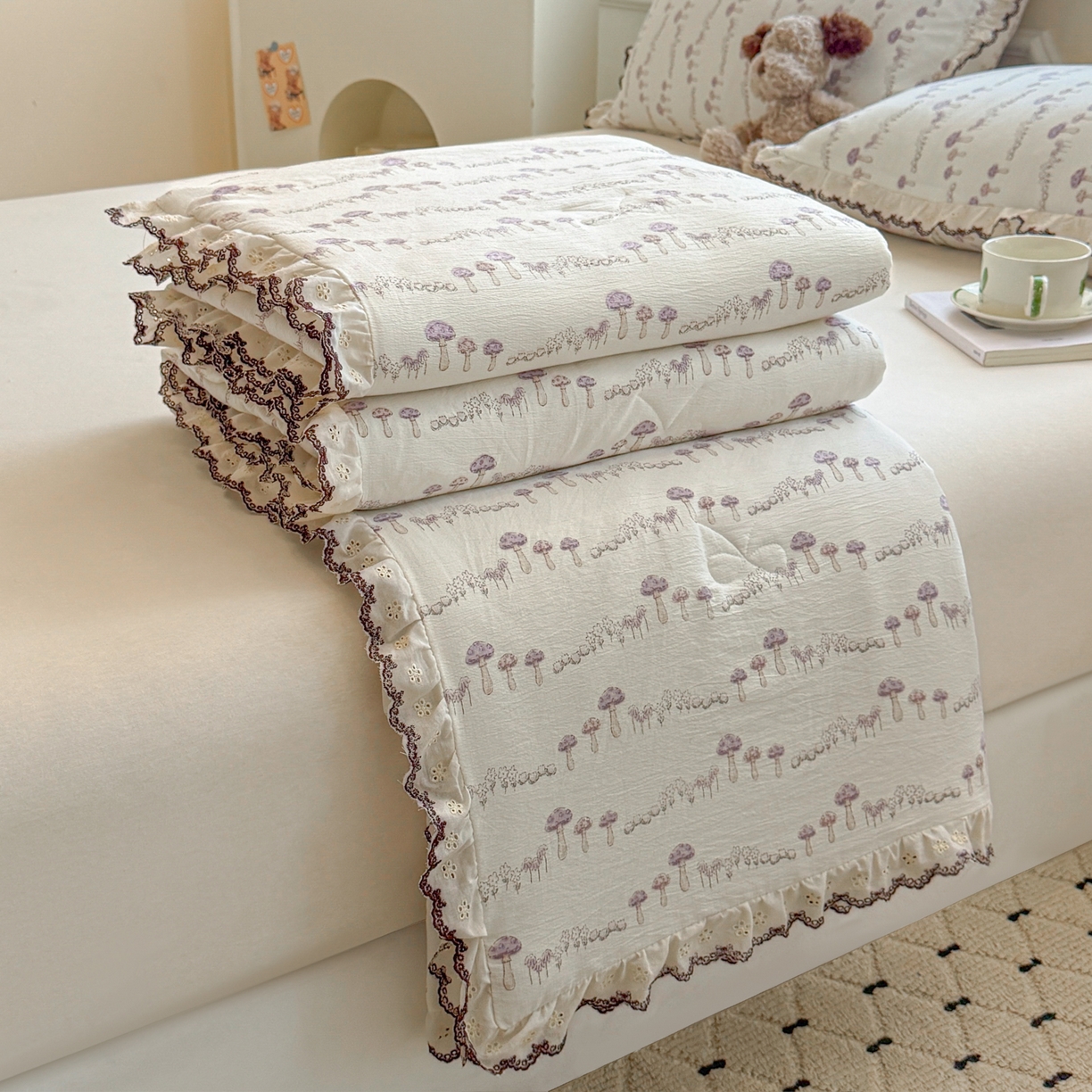 名兮家居 2026春夏新款韩版花边款皱皱纱夏被夏凉被空调被 蘑菇森林