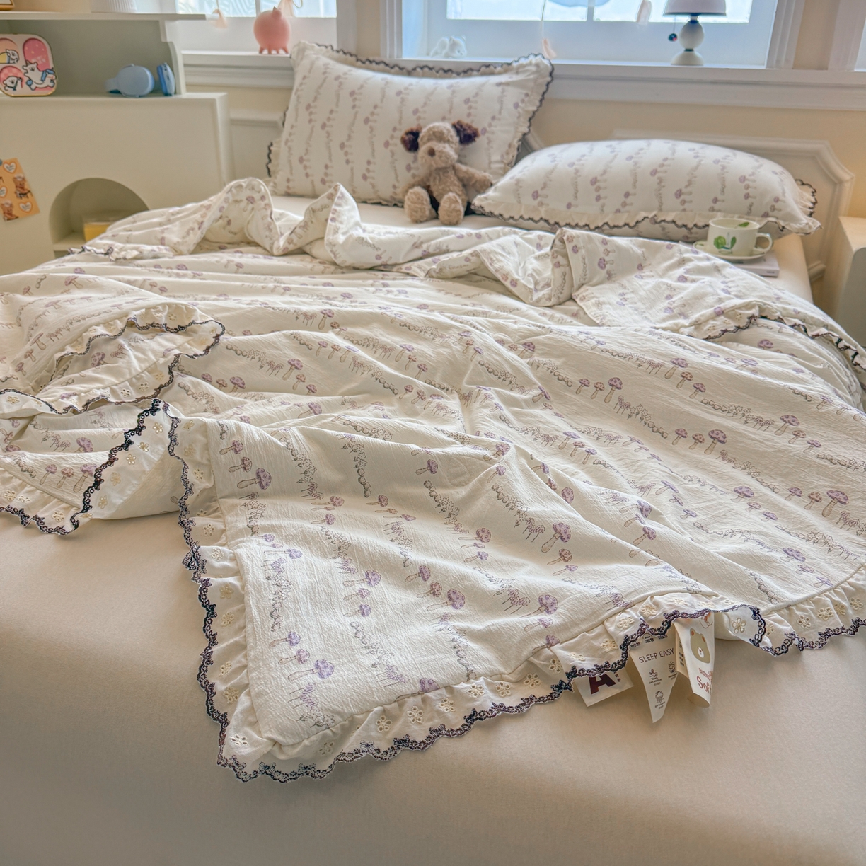 91家纺网 家纺一手货源 找家纺 名兮家居 2026春夏新款韩版花边款皱皱纱夏被夏凉被空调被 蘑菇森林