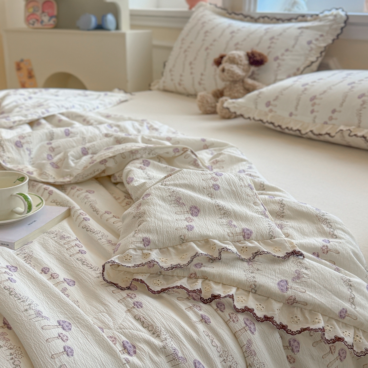 91家纺网 家纺一手货源 找家纺 名兮家居 2026春夏新款韩版花边款皱皱纱夏被夏凉被空调被 蘑菇森林