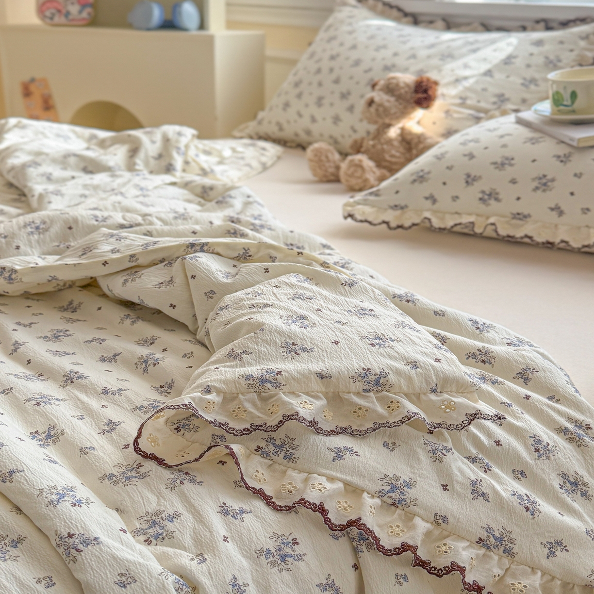 91家纺网 家纺一手货源 找家纺 名兮家居 2026春夏新款韩版花边款皱皱纱夏被夏凉被空调被 碎碎花