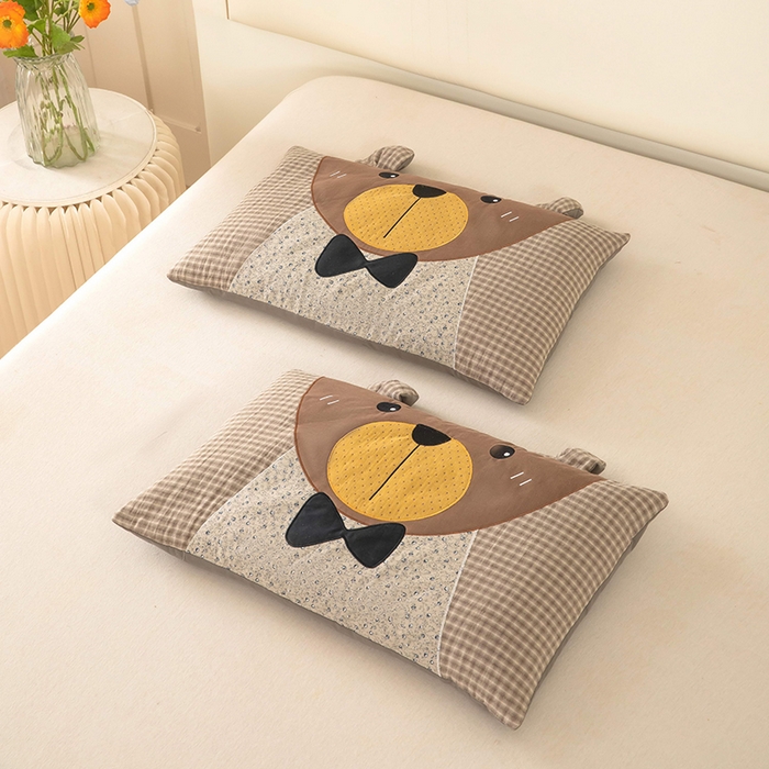 梦莱家纺 2026新款水洗棉麻荞麦枕-绅士熊 枕头枕芯 绅士熊-咖