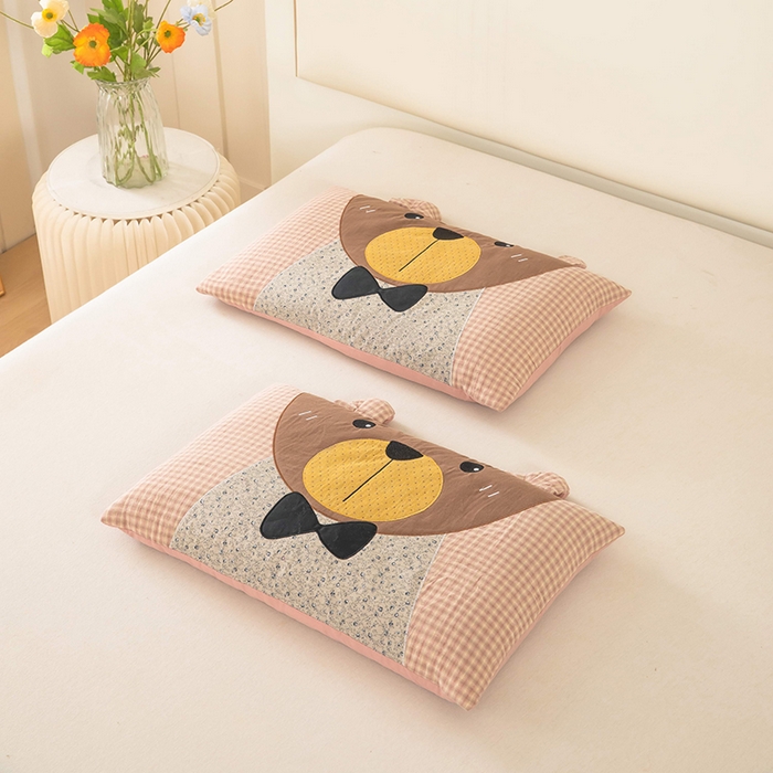 梦莱家纺 2026新款水洗棉麻荞麦枕-绅士熊 枕头枕芯 绅士熊-橘红