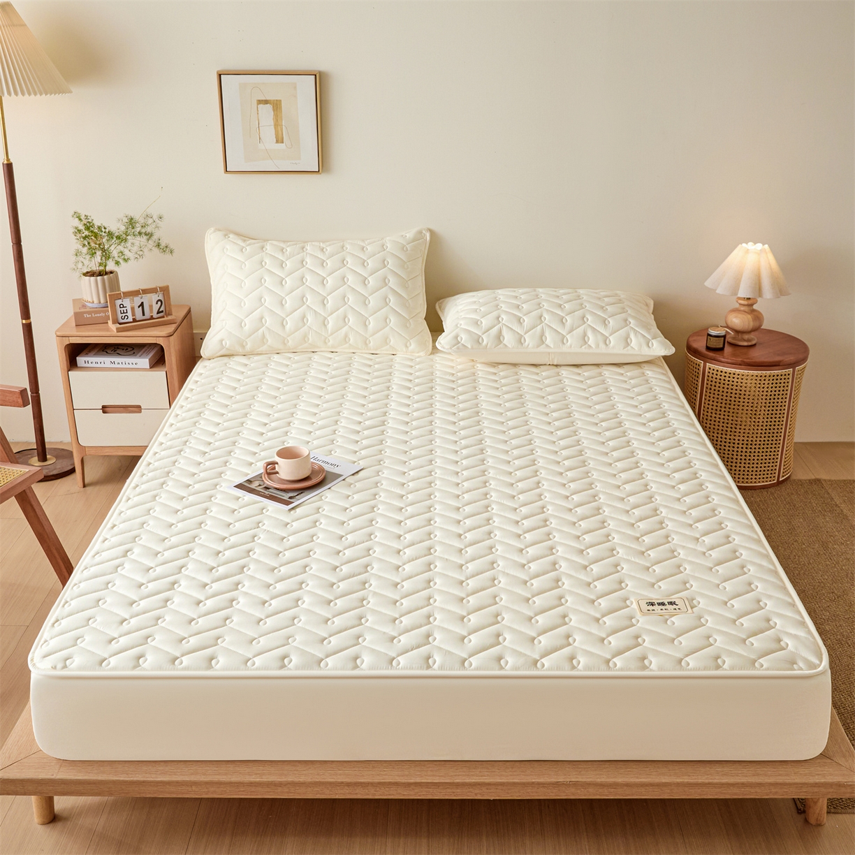 91家纺网 家纺一手货源 找家纺 九亭家纺 2026新款A类深睡眠防水夹棉床笠 深睡眠-米白