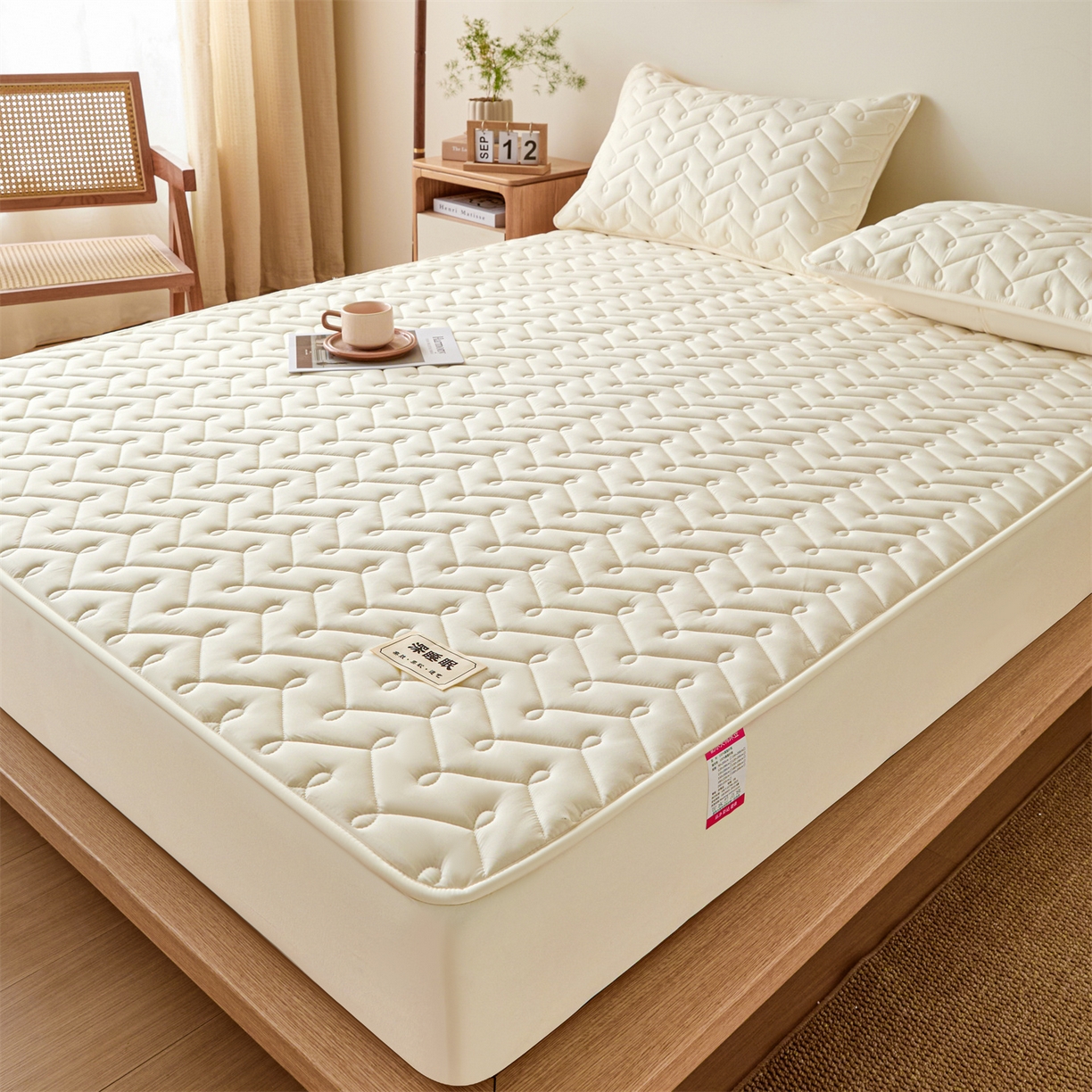 91家纺网 家纺一手货源 找家纺 九亭家纺 2026新款A类深睡眠防水夹棉床笠 深睡眠-米白