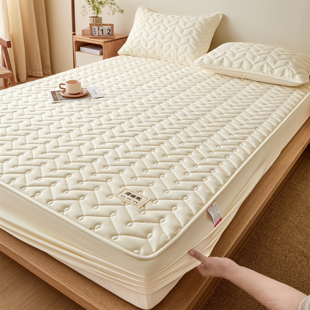 91家纺网 家纺一手货源 找家纺 九亭家纺 2026新款A类深睡眠防水夹棉床笠 深睡眠-米白