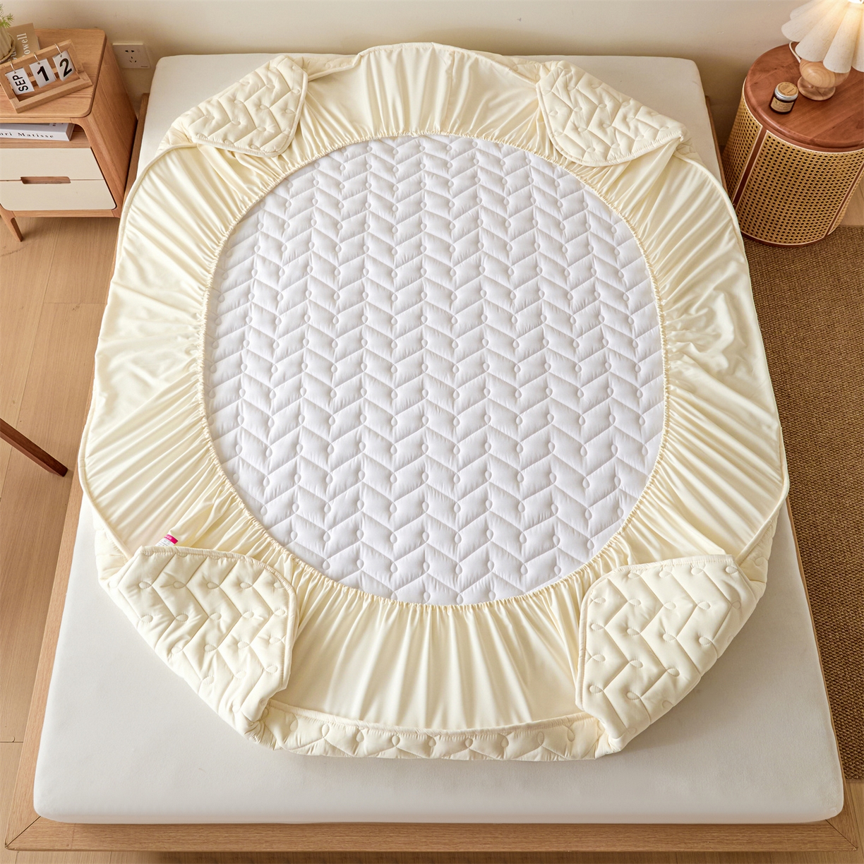 91家纺网 家纺一手货源 找家纺 九亭家纺 2026新款A类深睡眠防水夹棉床笠 深睡眠-米白