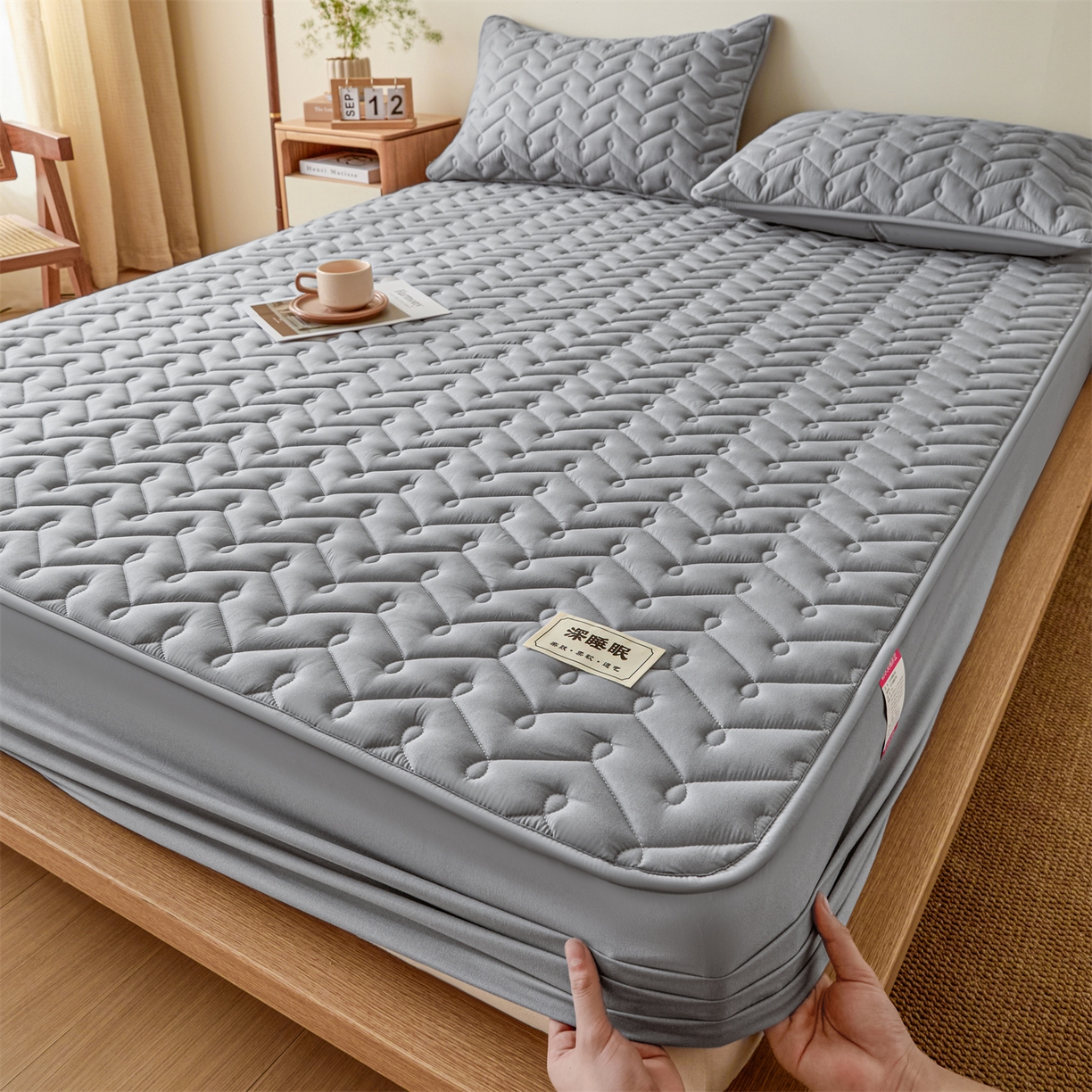 九亭家纺 2026新款A类深睡眠防水夹棉床笠 深睡眠-灰色