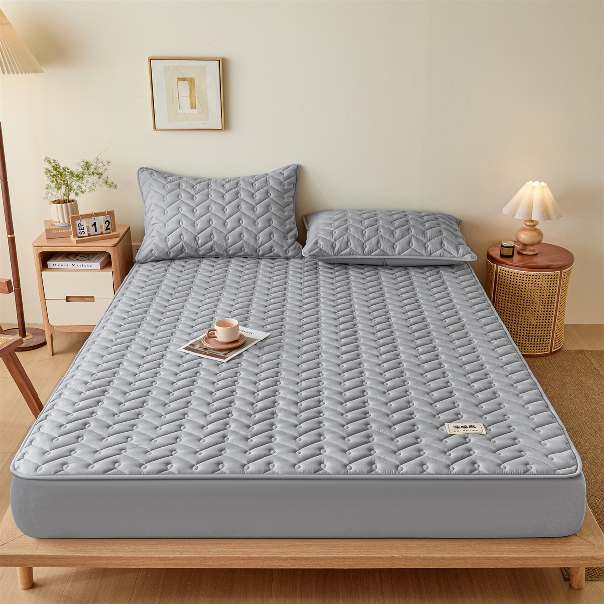 91家纺网 家纺一手货源 找家纺 九亭家纺 2026新款A类深睡眠防水夹棉床笠 深睡眠-灰色