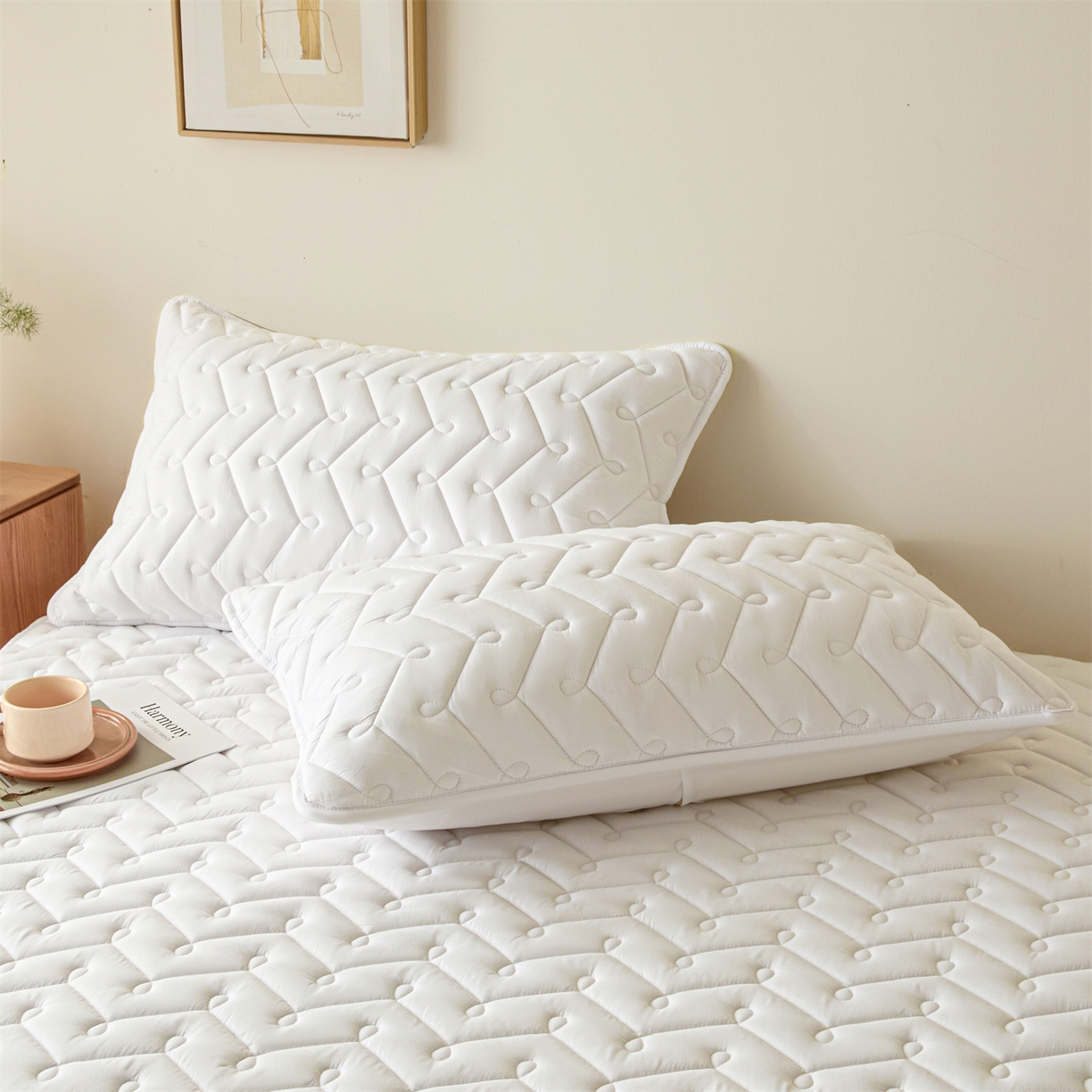 91家纺网 家纺一手货源 找家纺 九亭家纺 2026新款A类深睡眠防水夹棉床笠 深睡眠-奶昔白