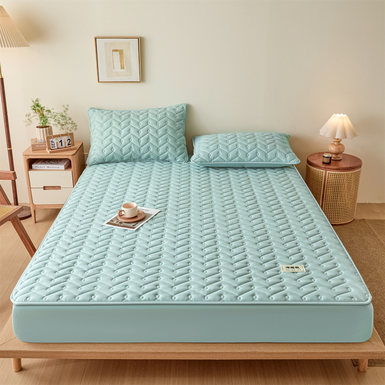 91家纺网 家纺一手货源 找家纺 九亭家纺 2026新款A类深睡眠防水夹棉床笠 深睡眠-水绿