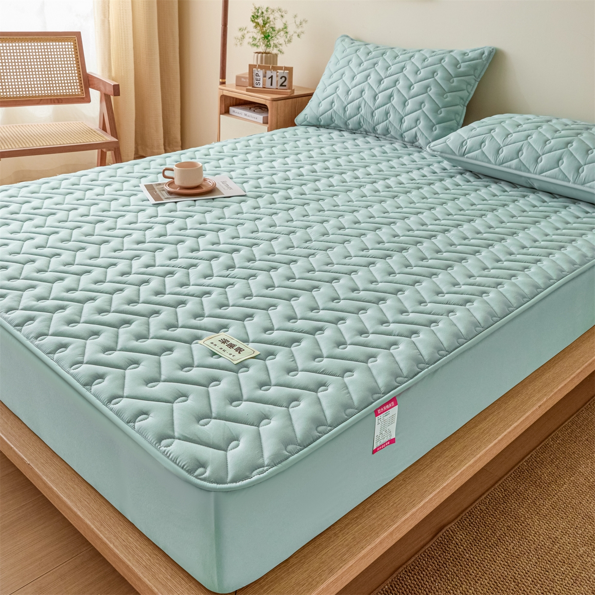 91家纺网 家纺一手货源 找家纺 九亭家纺 2026新款A类深睡眠防水夹棉床笠 深睡眠-水绿