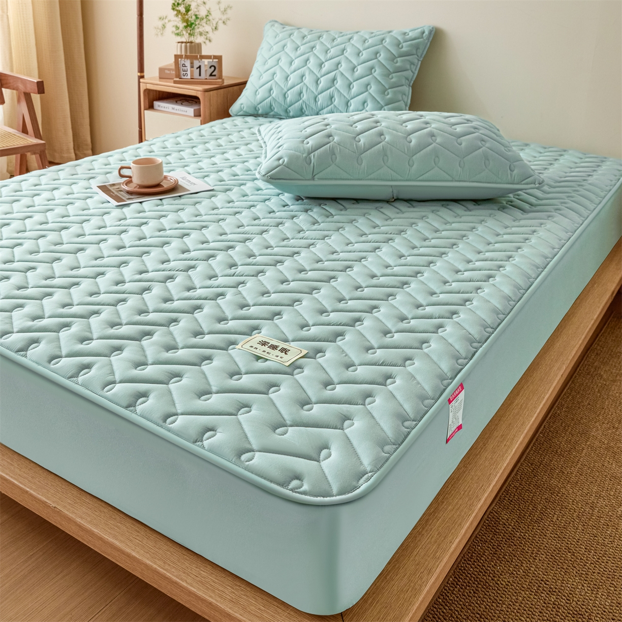 91家纺网 家纺一手货源 找家纺 九亭家纺 2026新款A类深睡眠防水夹棉床笠 深睡眠-水绿