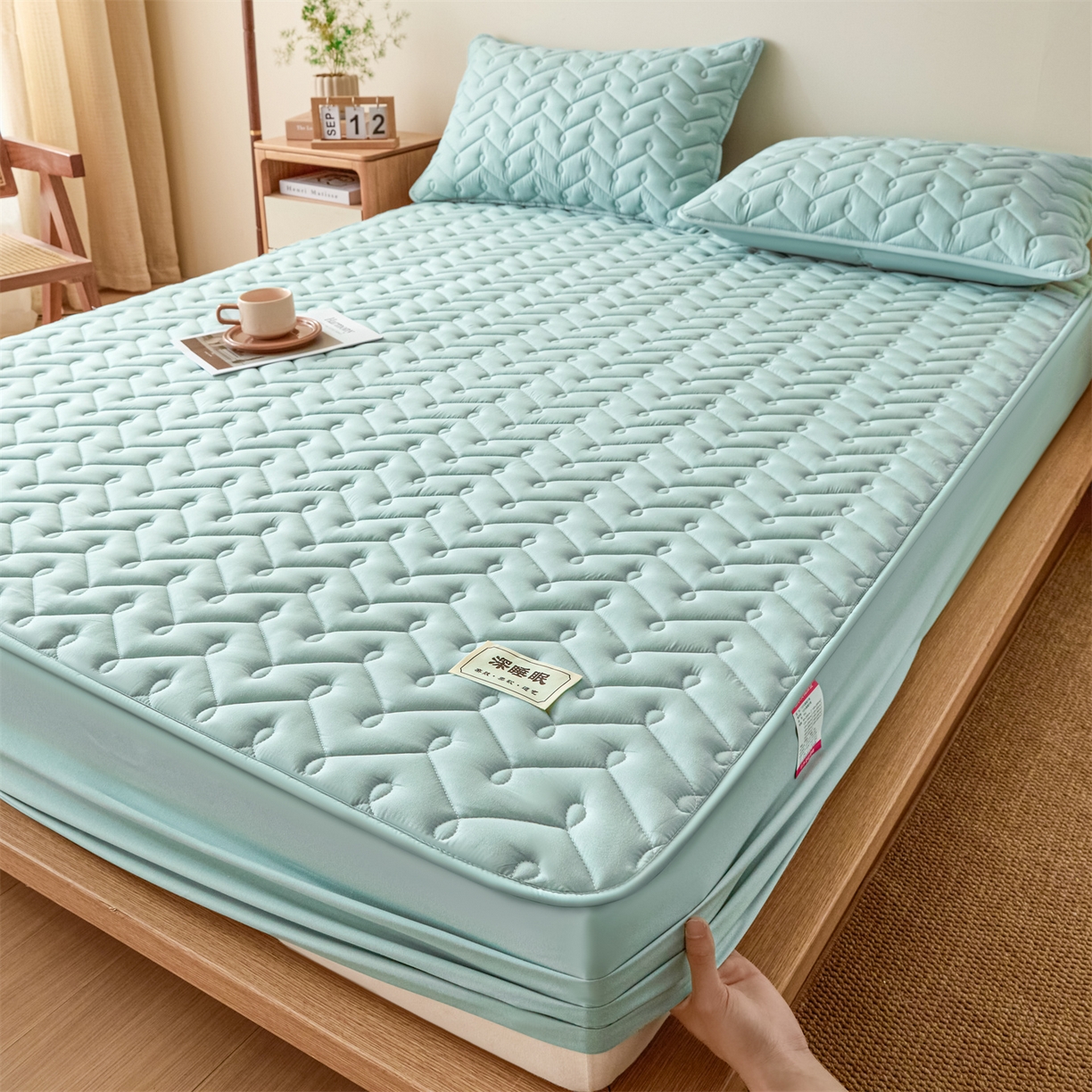 91家纺网 家纺一手货源 找家纺 九亭家纺 2026新款A类深睡眠防水夹棉床笠 深睡眠-水绿