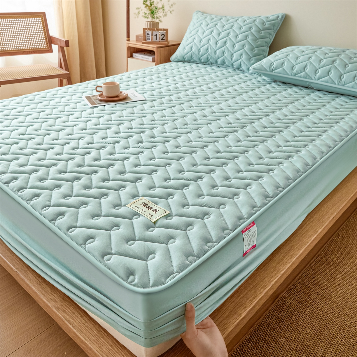 91家纺网 家纺一手货源 找家纺 九亭家纺 2026新款A类深睡眠防水夹棉床笠 深睡眠-水绿