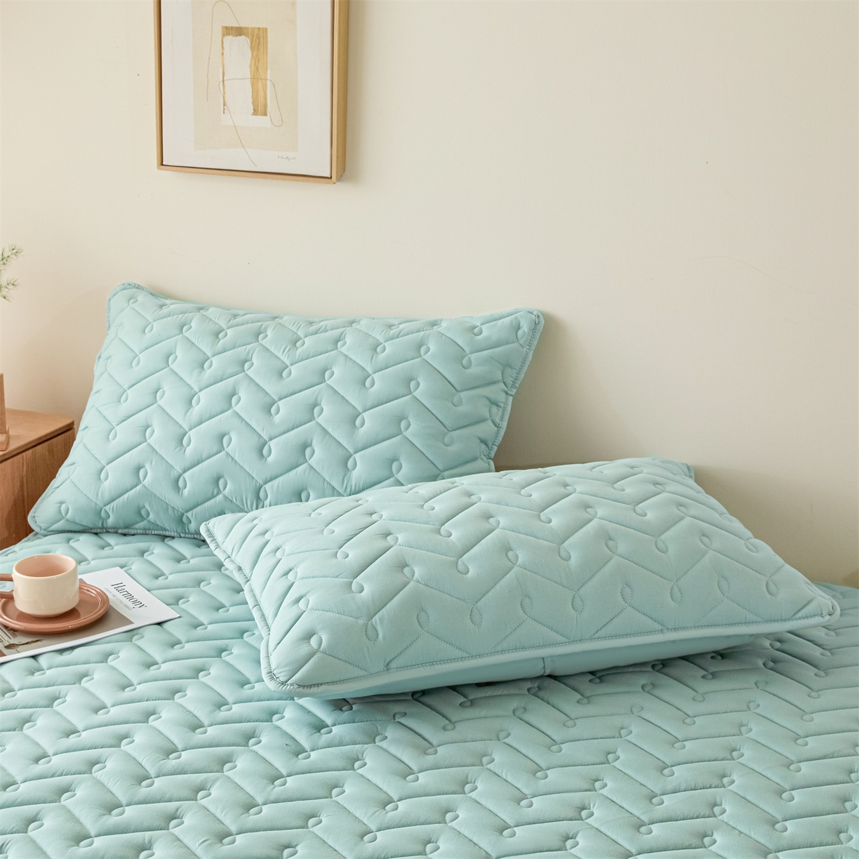 91家纺网 家纺一手货源 找家纺 九亭家纺 2026新款A类深睡眠防水夹棉床笠 深睡眠-水绿