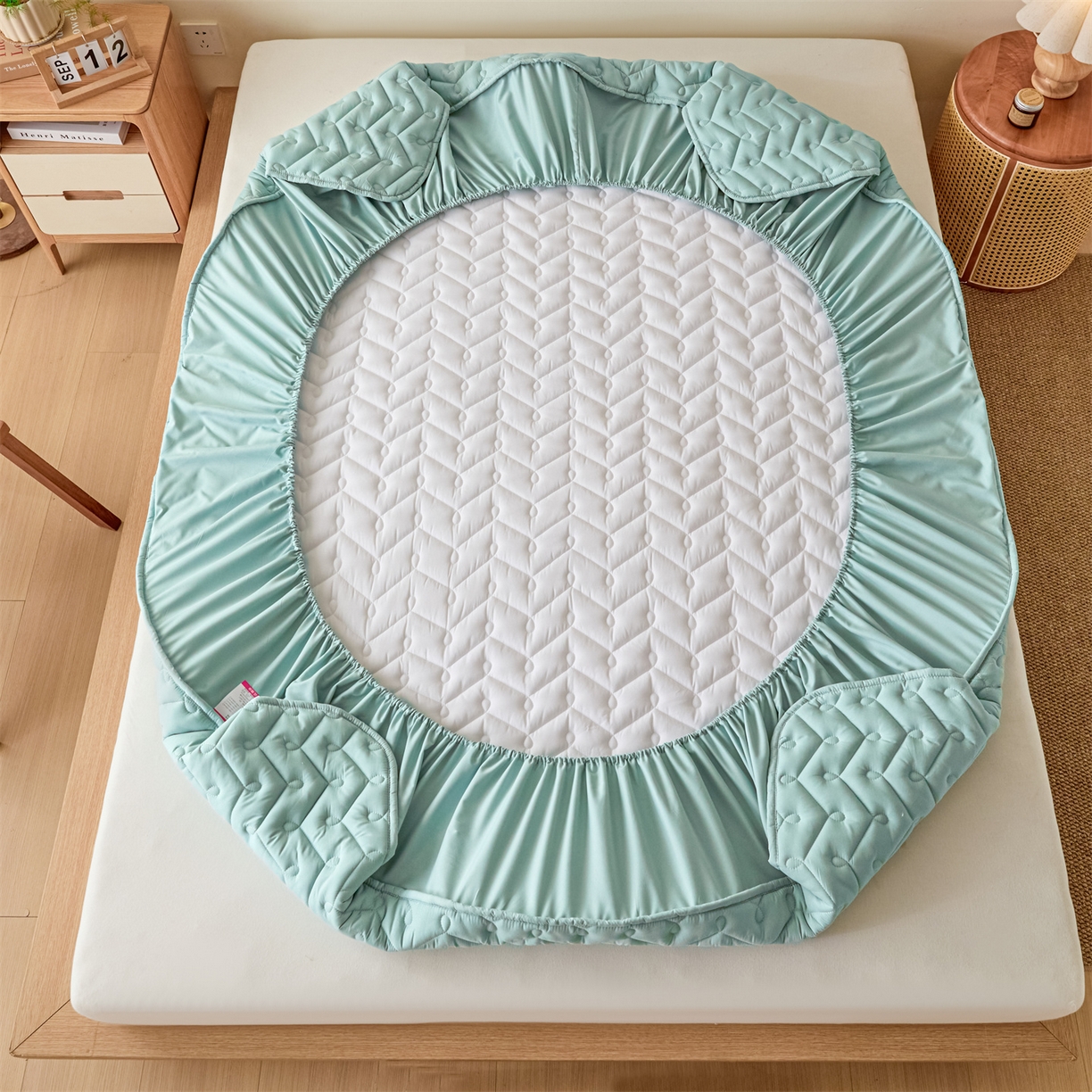 91家纺网 家纺一手货源 找家纺 九亭家纺 2026新款A类深睡眠防水夹棉床笠 深睡眠-水绿