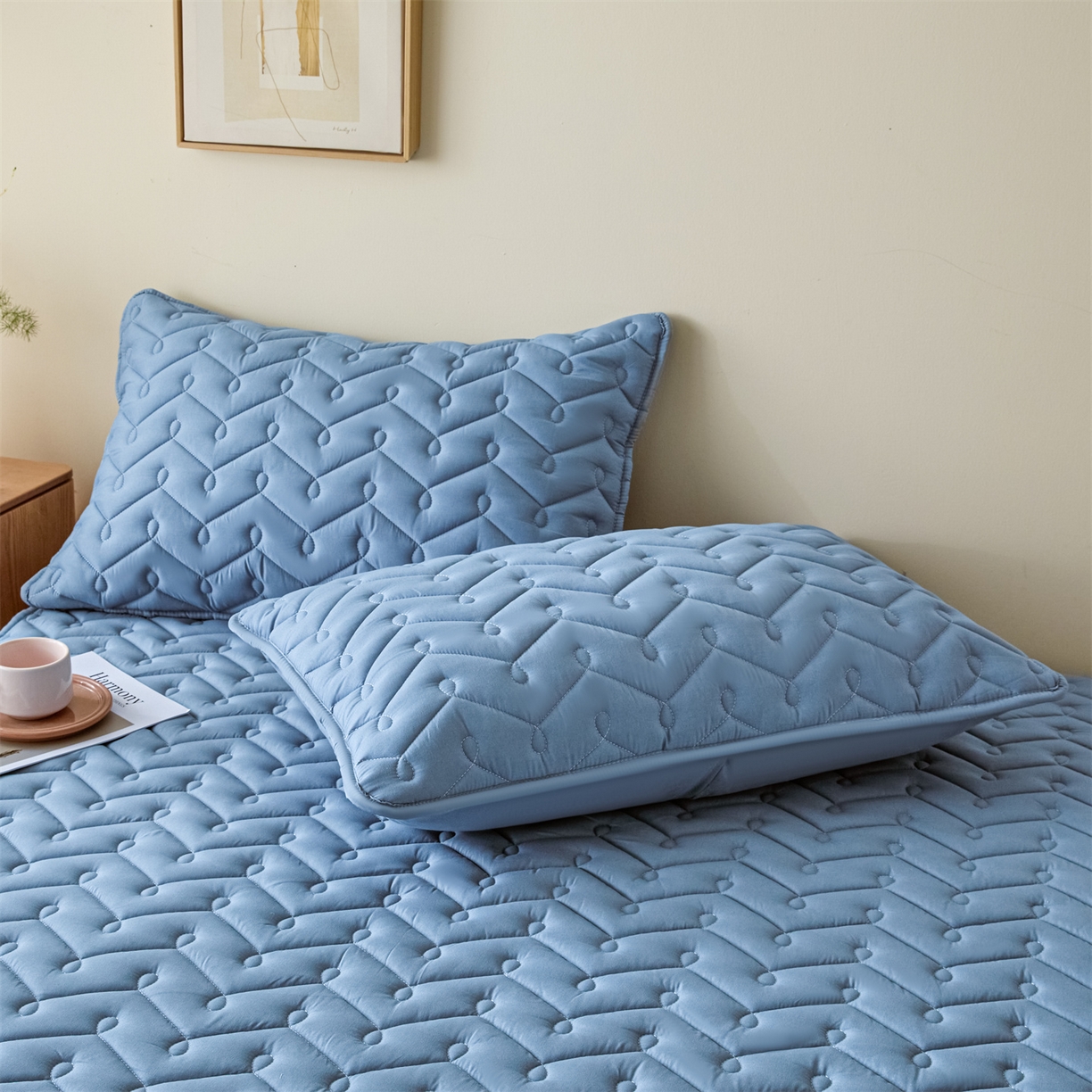 91家纺网 家纺一手货源 找家纺 九亭家纺 2026新款A类深睡眠防水夹棉床笠 深睡眠-雾蓝