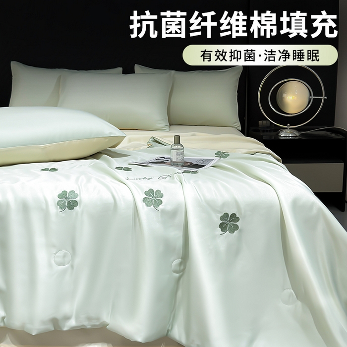 91家纺网 家纺一手货源 找家纺 憨豆家纺 2026新款刺绣水洗冰丝夏被四件套星球水洗真丝夏凉被（含抗菌棉）跨境外贸床笠款空 四叶草-水果奶黄