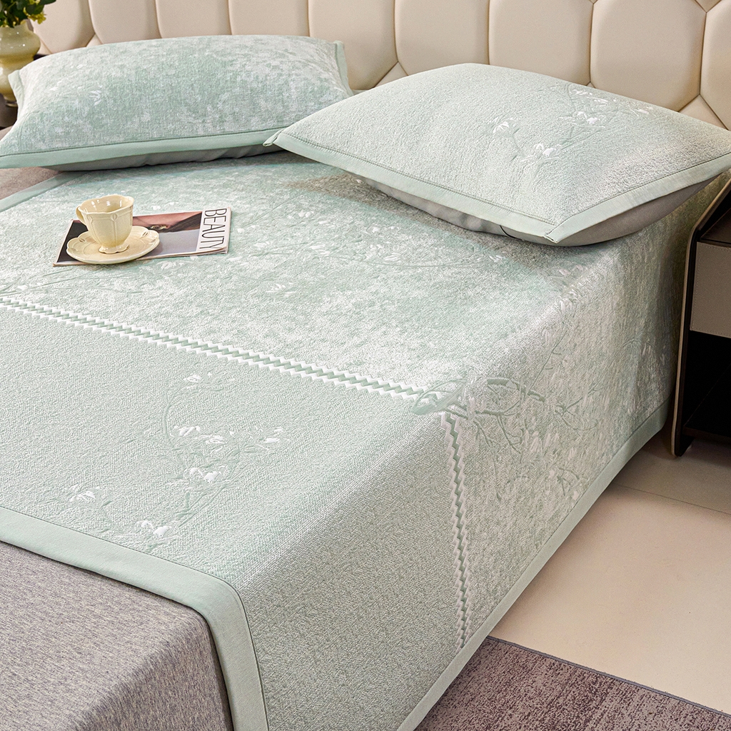 91家纺网 家纺一手货源 找家纺 莱家富 2026新款A类凉感豆豆席-平铺款 平铺款-喜上眉梢绿色