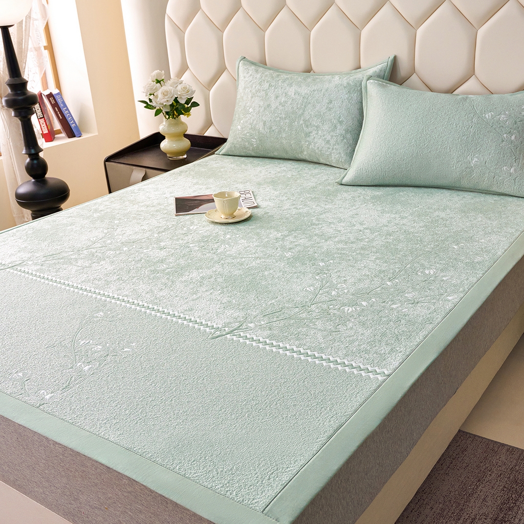 91家纺网 家纺一手货源 找家纺 莱家富 2026新款A类凉感豆豆席-平铺款 平铺款-喜上眉梢绿色